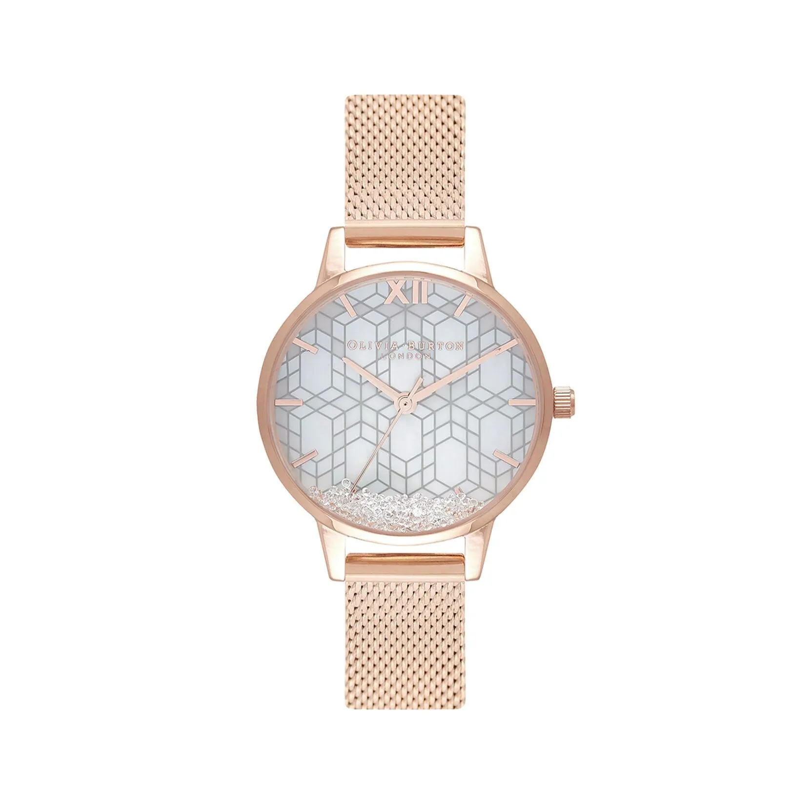 Olivia Burton Ice Queen Rose Tone Mesh Bracelet Watch with Snow Globe Dial OB16IQ03