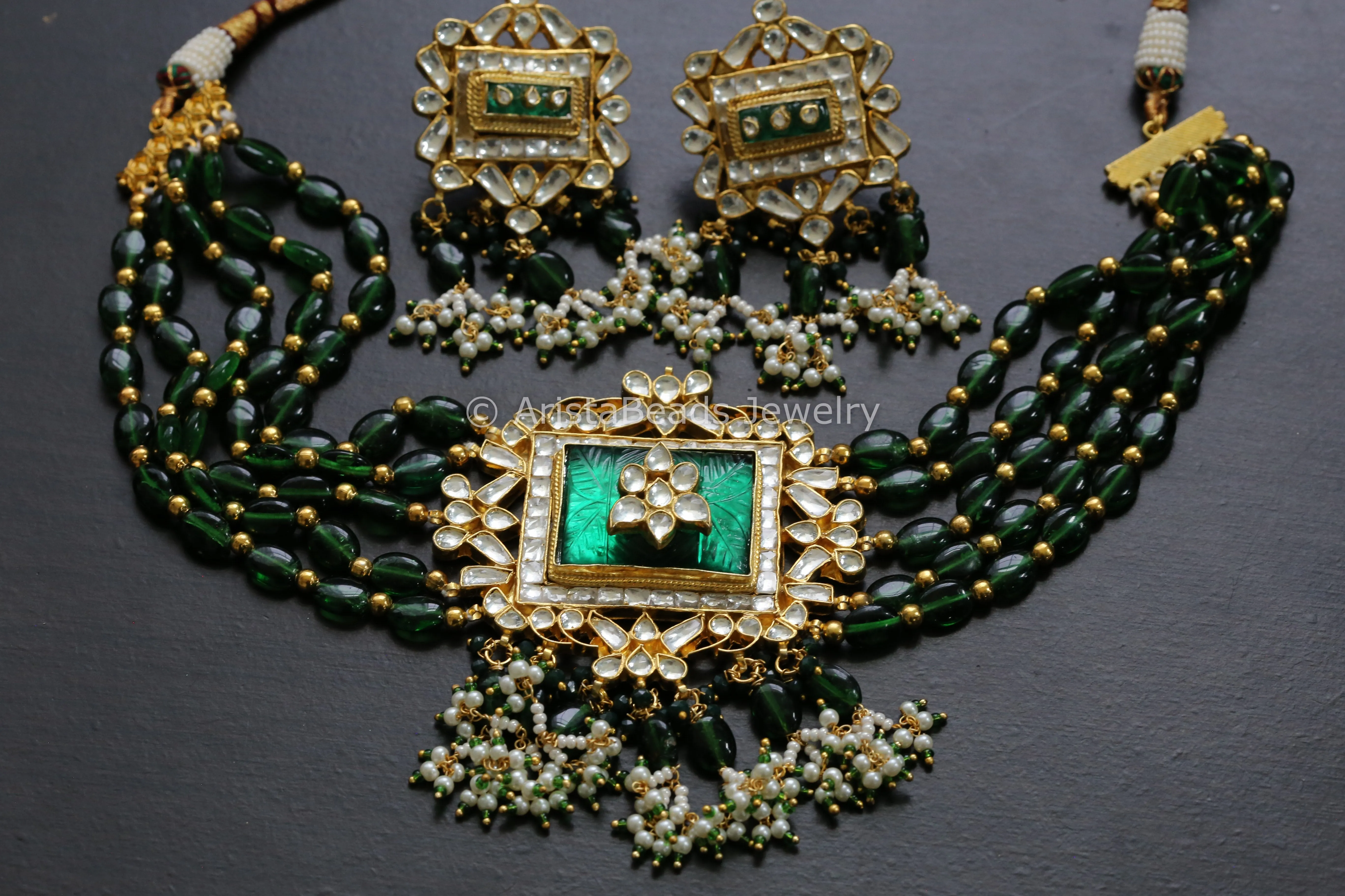 One Of A Kind Jadau Kundan Necklace Set - Bottle Green