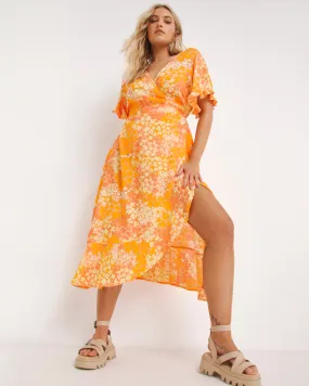 Orange Floral Printed Crinkle Wrap Dress With EcoVero TM Viscose | Simply Be