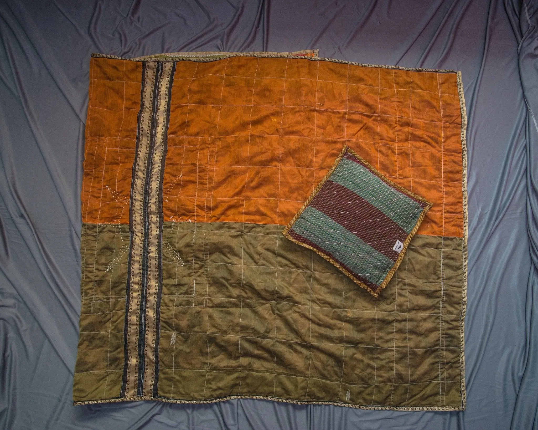 Orange-Green Godhadi Quilt with Hand stitch Godhadi art cushion cover combo