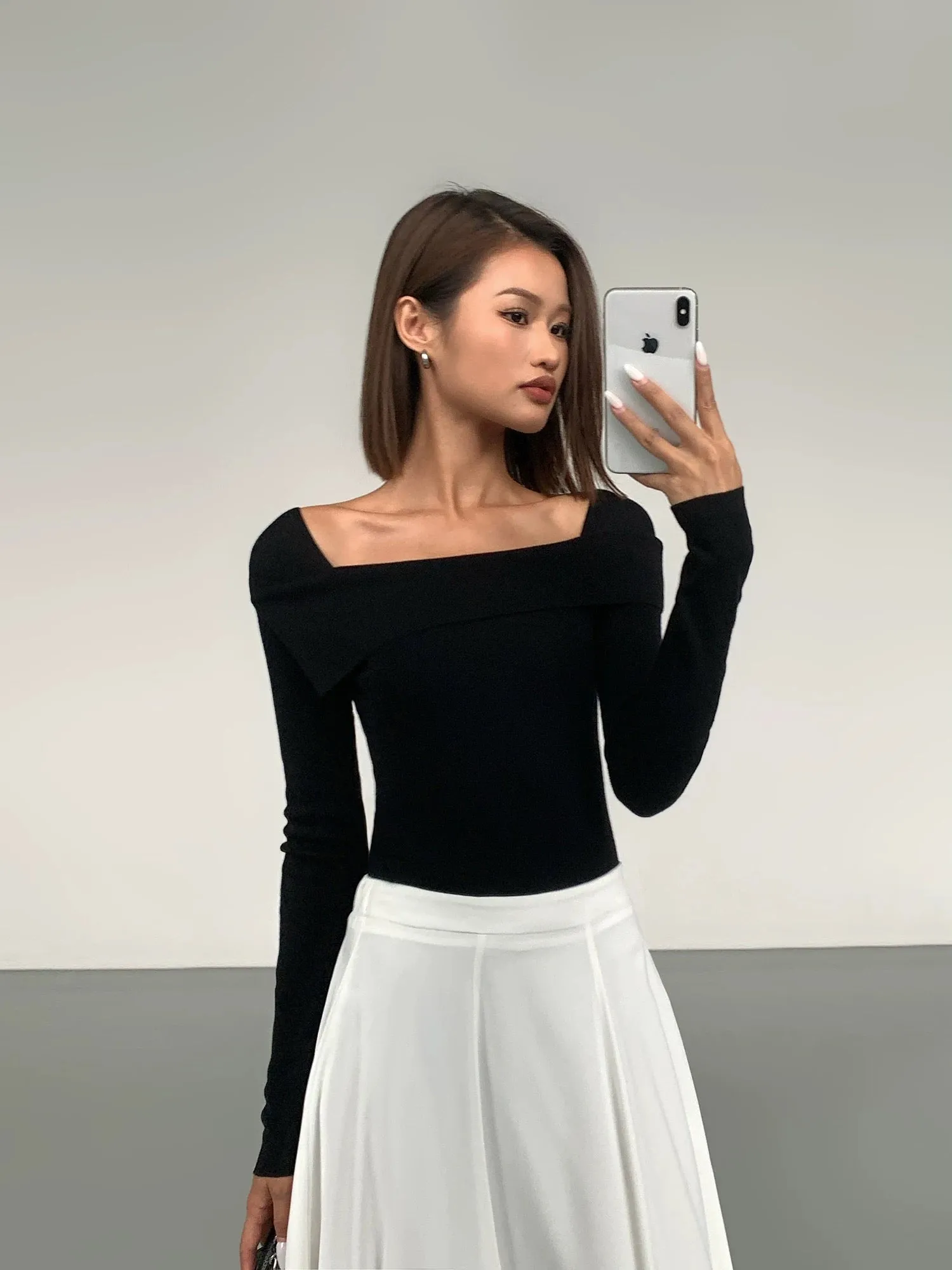ousph black square lapel gentle style long-sleeved bottoming sweater for women autumn and winter new style waist slim gray top