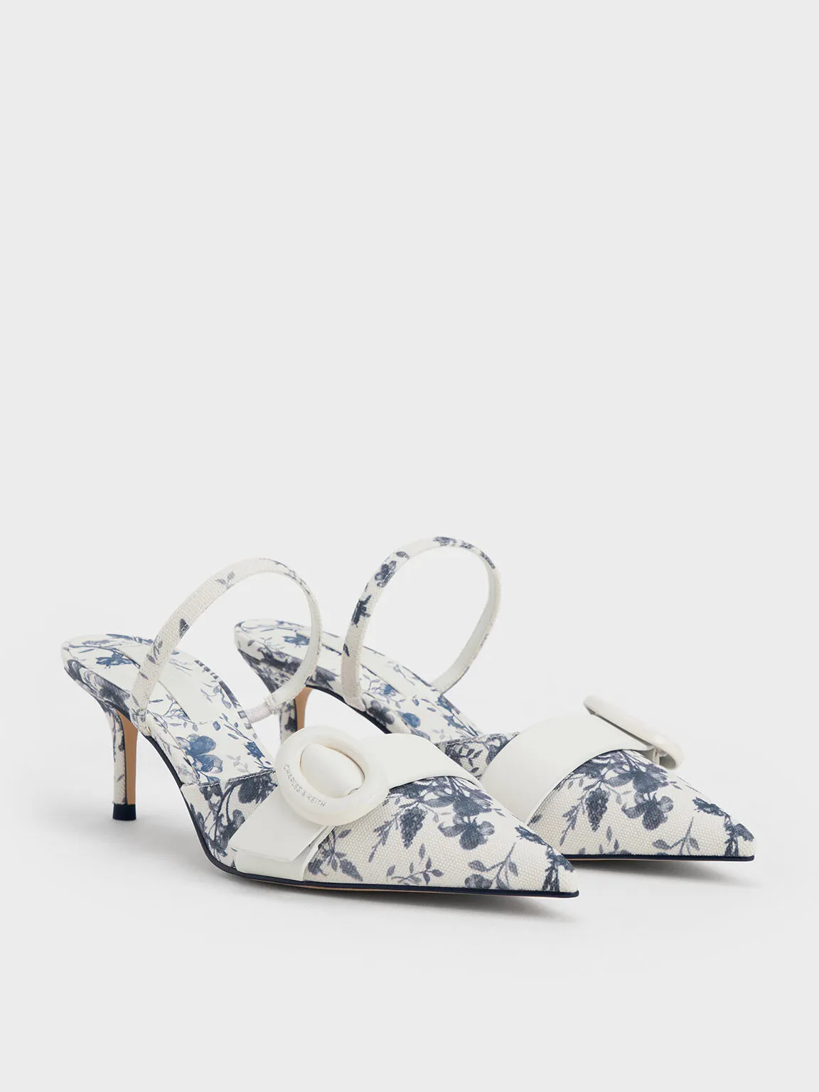 Oval-Buckle Floral-Print Pointed-Toe Mules - Dark Blue