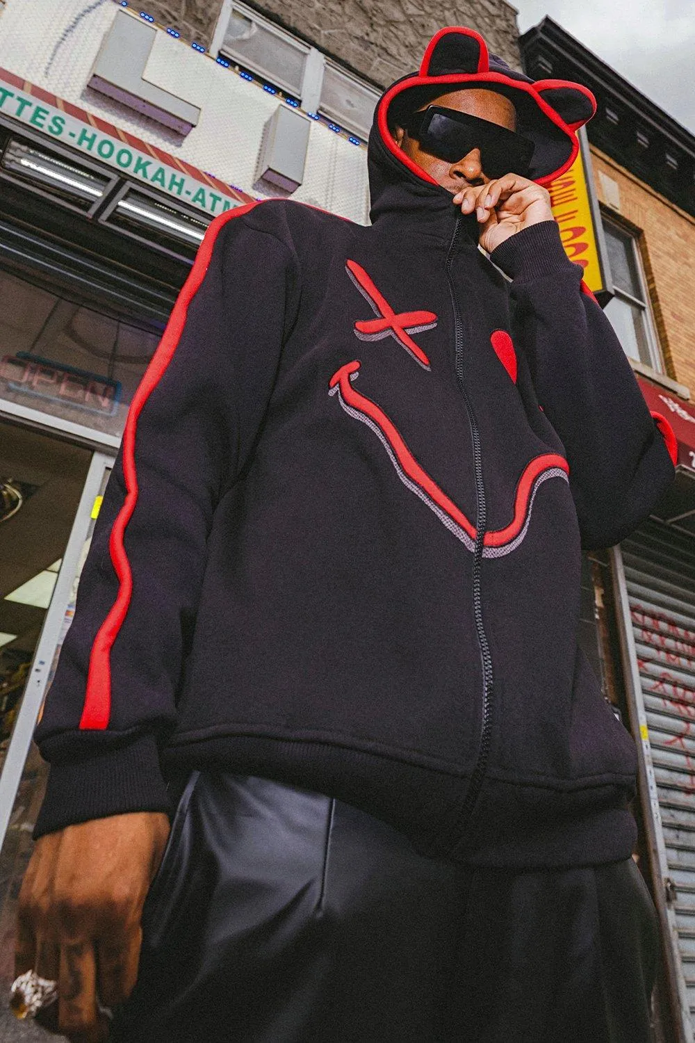 Oversized Face Applique Zip Thru Hoodie