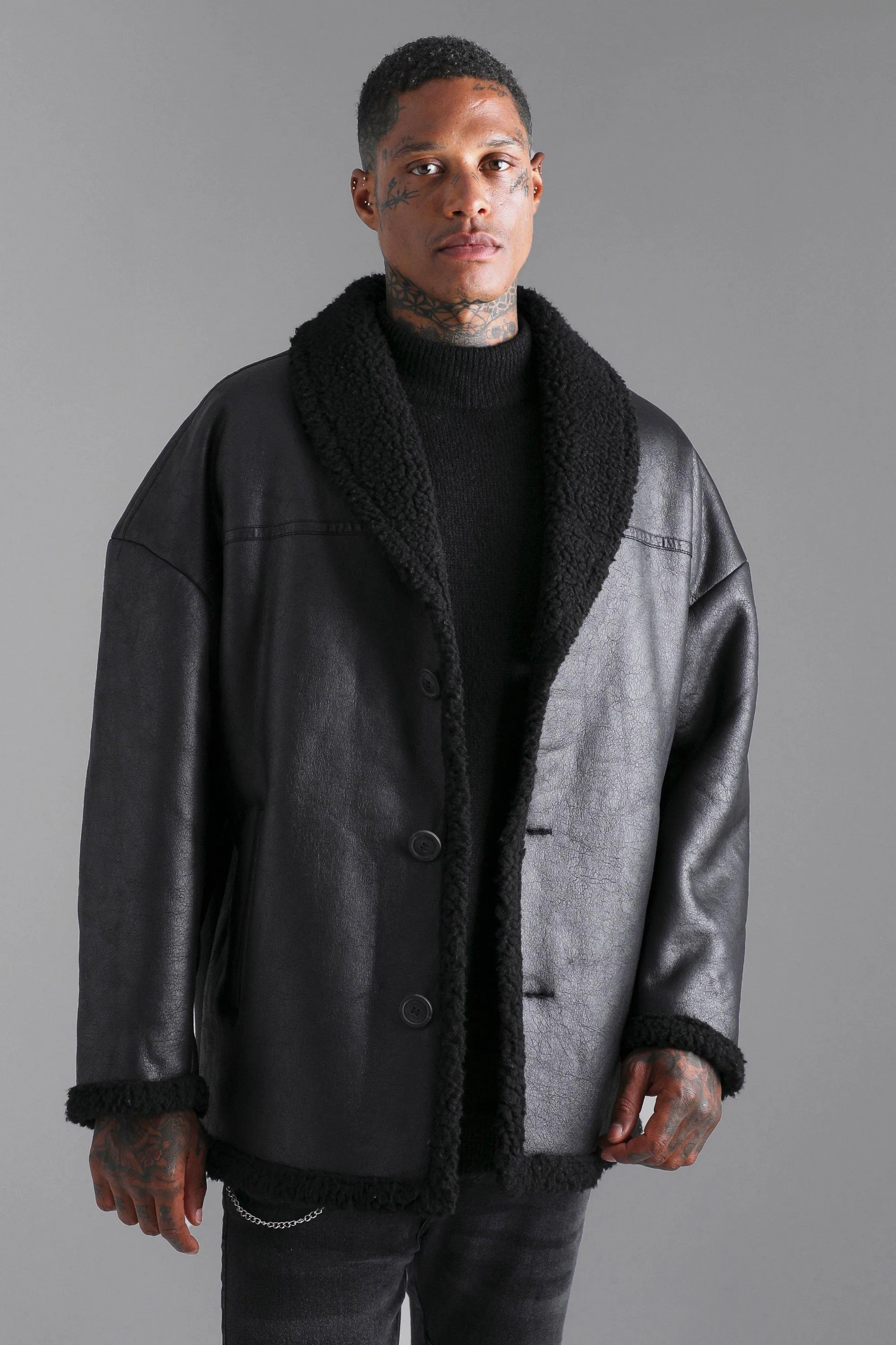 Oversized Leather Look Borg Trim Jacket | boohooMAN UK