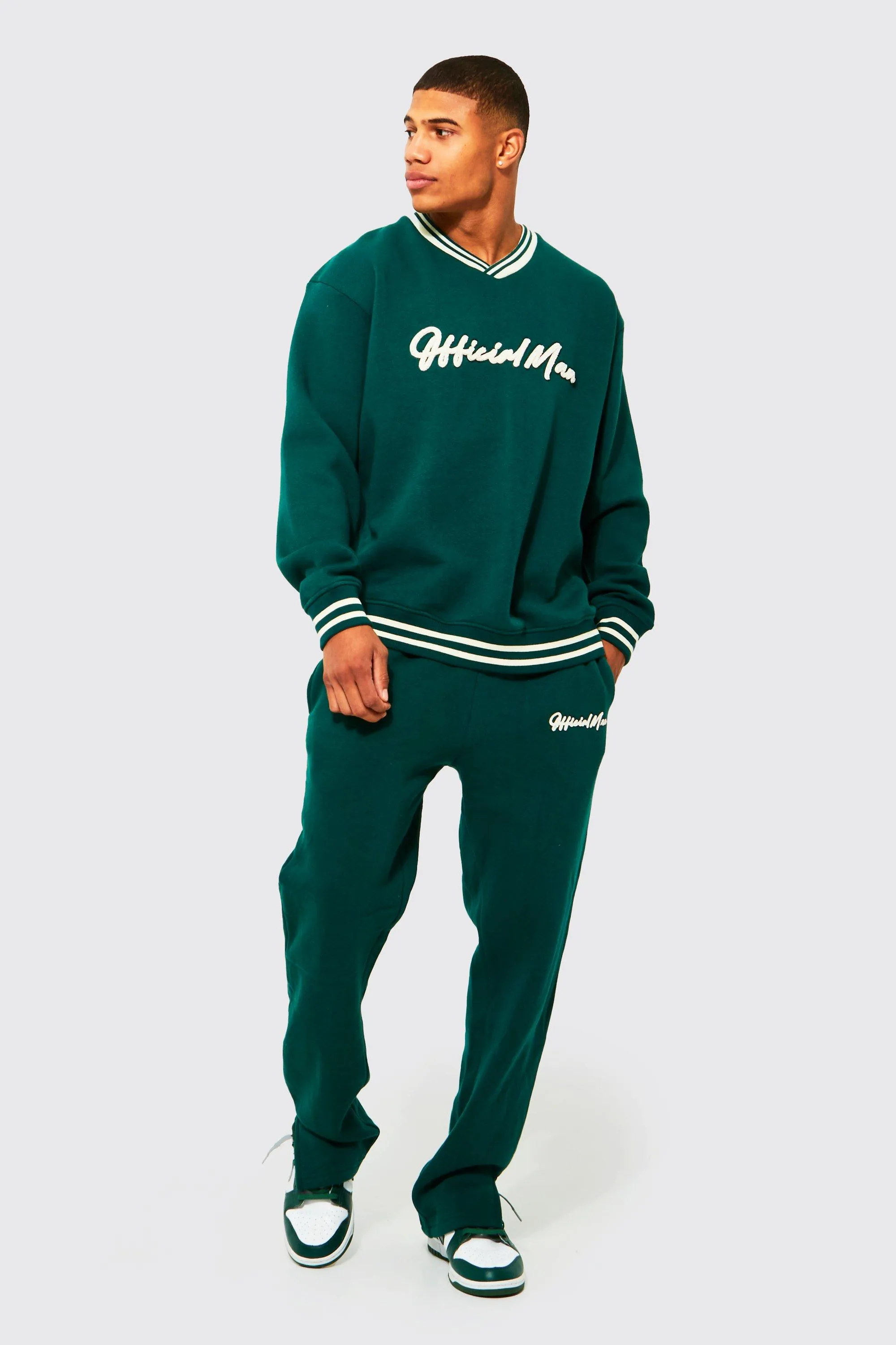 Oversized Man Sports Rib V Neck Tracksuit | boohooMAN UK