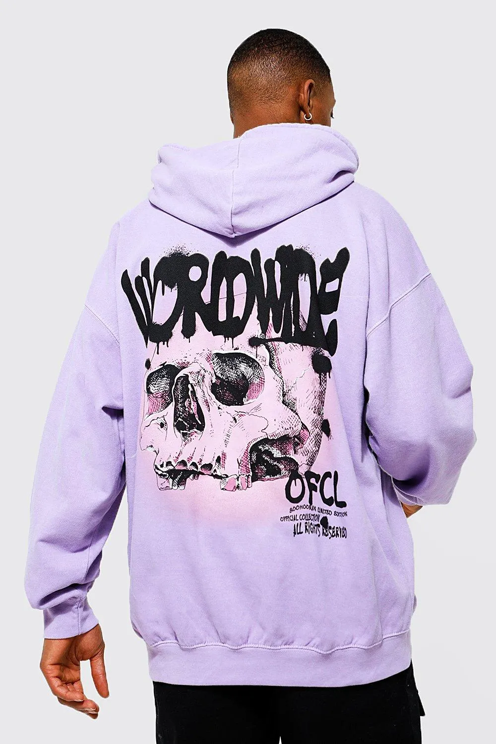 Oversized Overdye Skull Back Print Hoodie