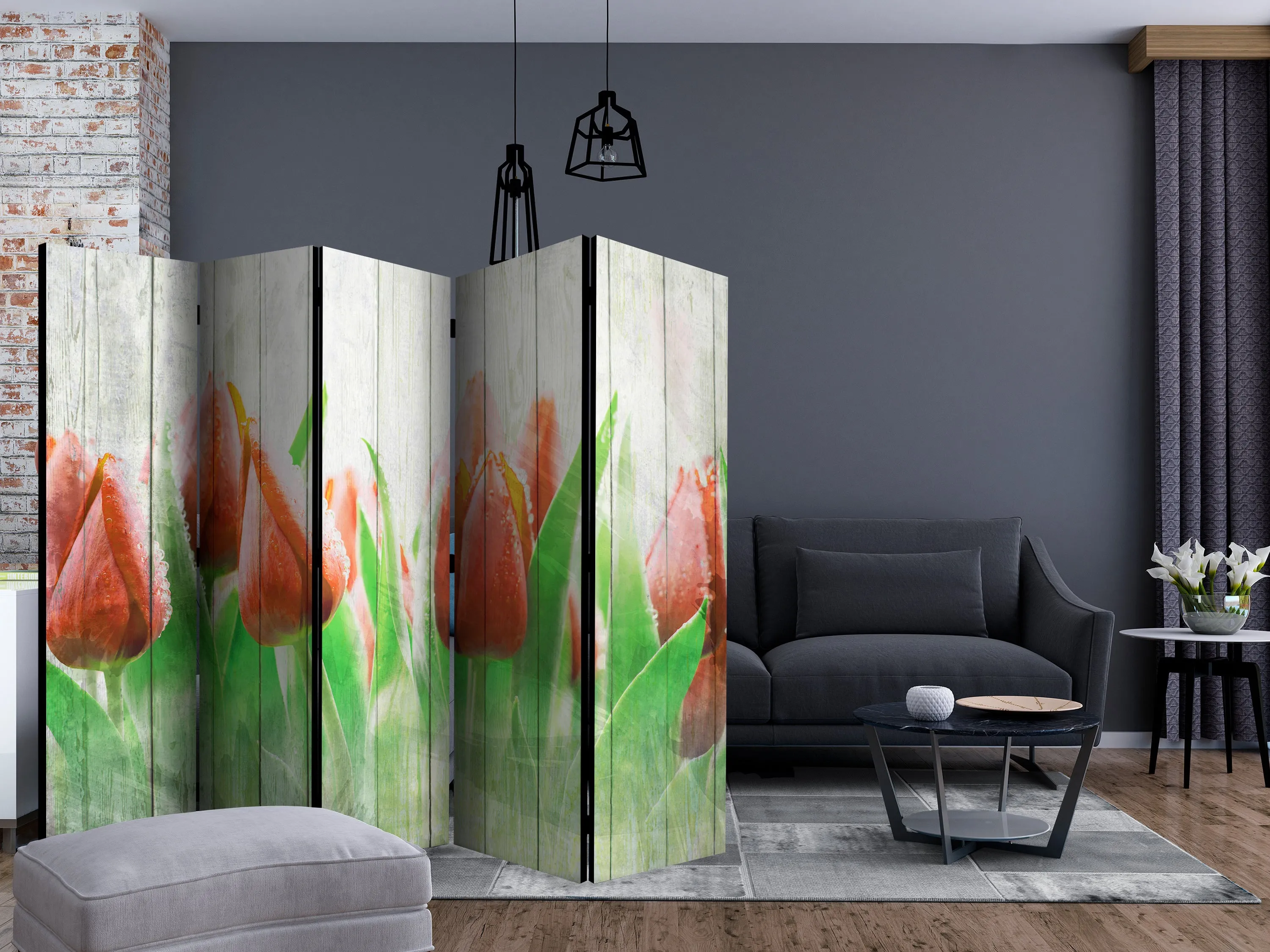 Paravento Red tulips on wood II [Room Dividers]