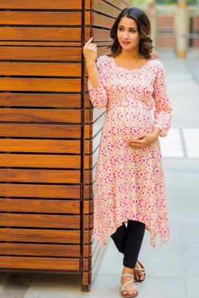 Peach & Cream Printed Maternity & Nursing Kurta