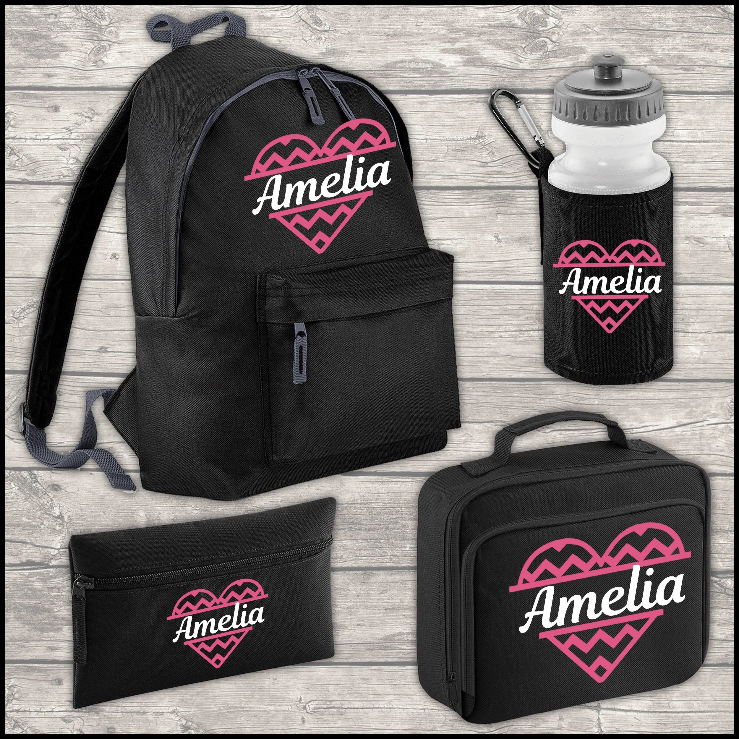 Personalised 12 Litre Backpack - Water Bottle - Lunch Bag - Pencil Case - Back To School -  Heart with Name