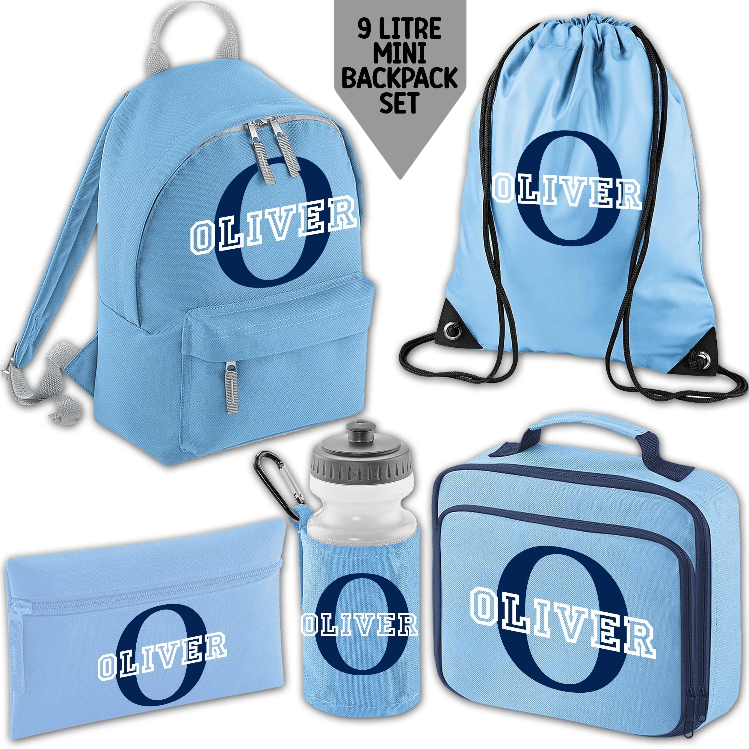 Personalised Backpack Kids 18 or 9 Litre Initial and Name Lunch Bag Water Bottle Pencil Case School PE Bag Back To School Sky Bl