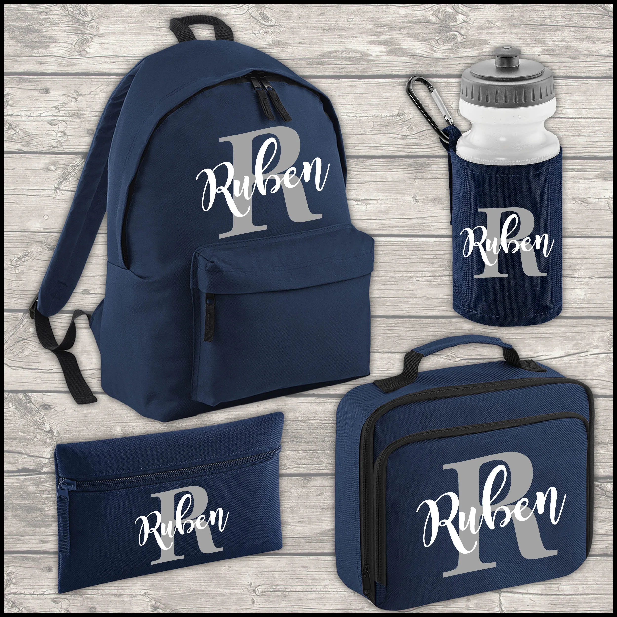 Personalised Initial and Name 9 Litre Backpack Water Bottle Lunch Bag FREE Pencil Case Navy