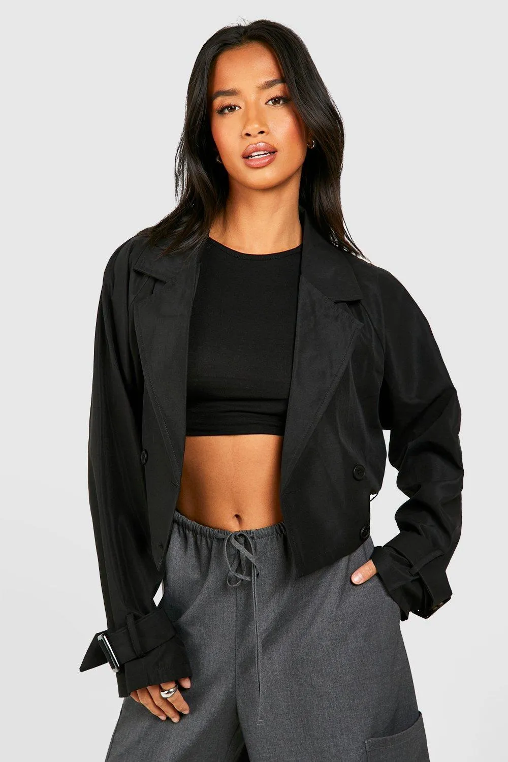 Petite Belted Buckle Detail Crop Trench