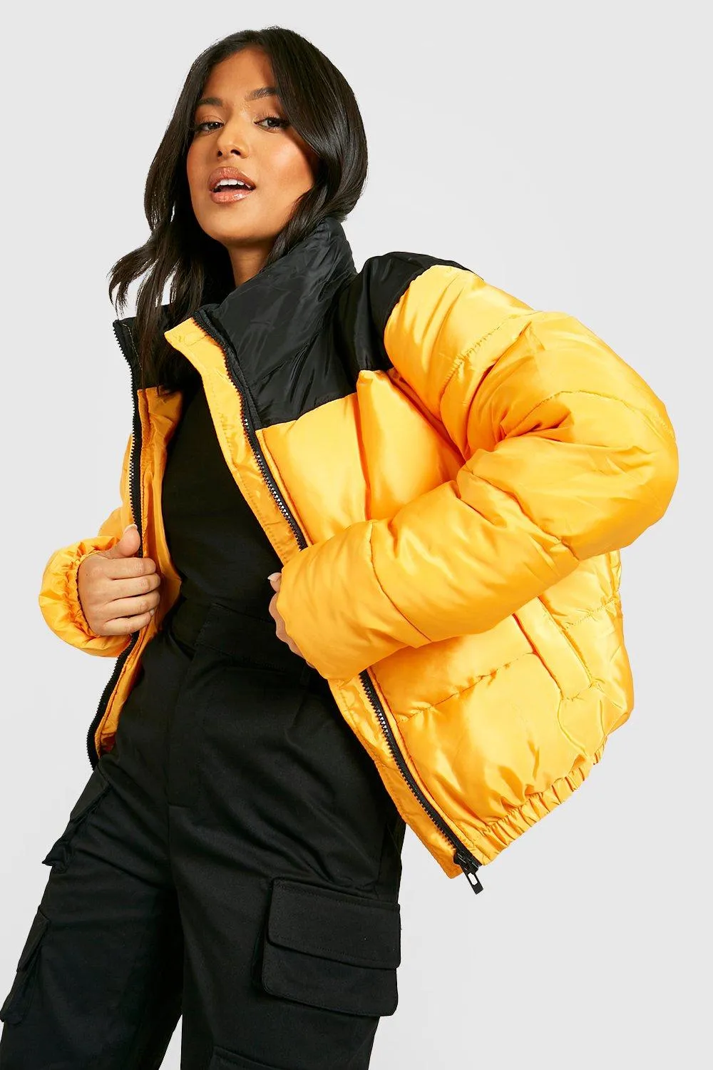 Petite Colorblock Funnel Neck Puffer Jacket