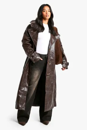 Petite Croc Faux Leather Longline Trench Coat