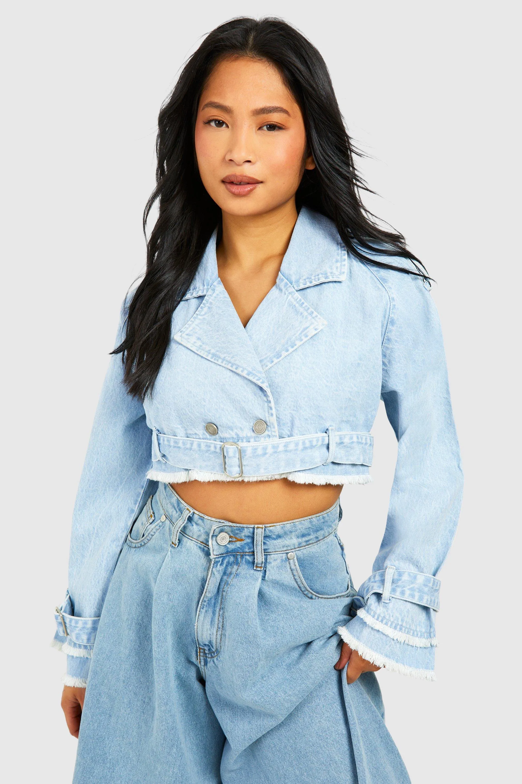 Petite Cropped Denim Trench Coat