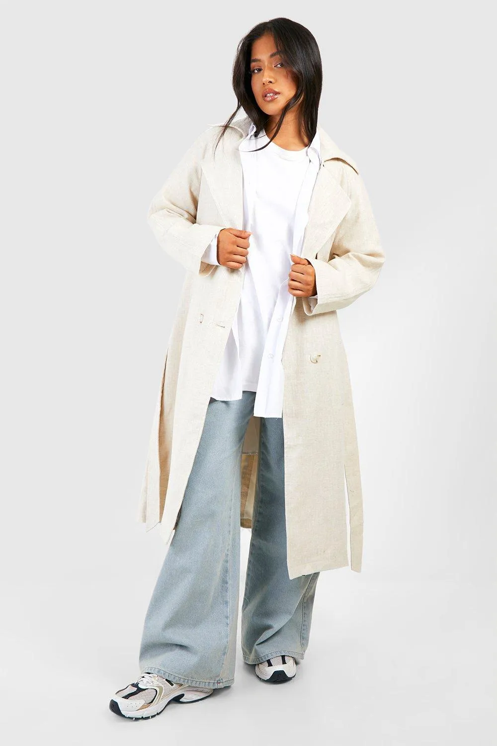 Petite Linen Look Belted Trench Coat