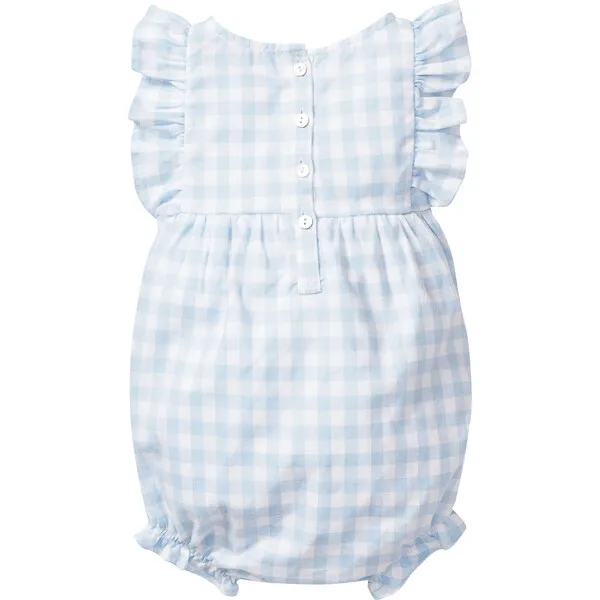 Petite Plume Ruffled Romper, Light Blue Gingham