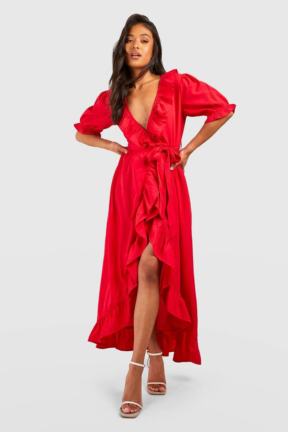 Petite Ruffle Cotton Wrap Maxi Dress