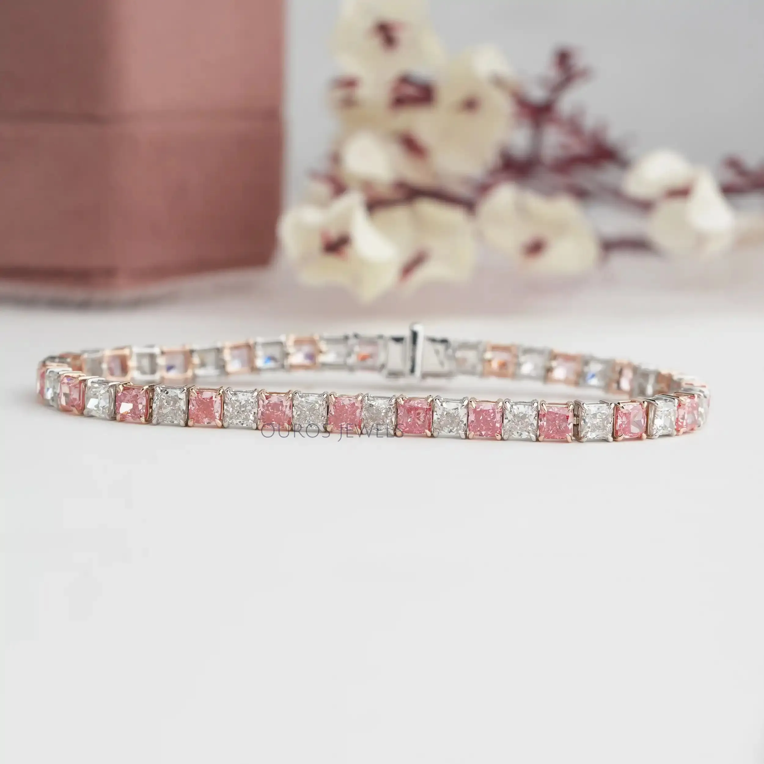 Pink Cushion Cut Lab Grown Diamond Tennis Bracelet