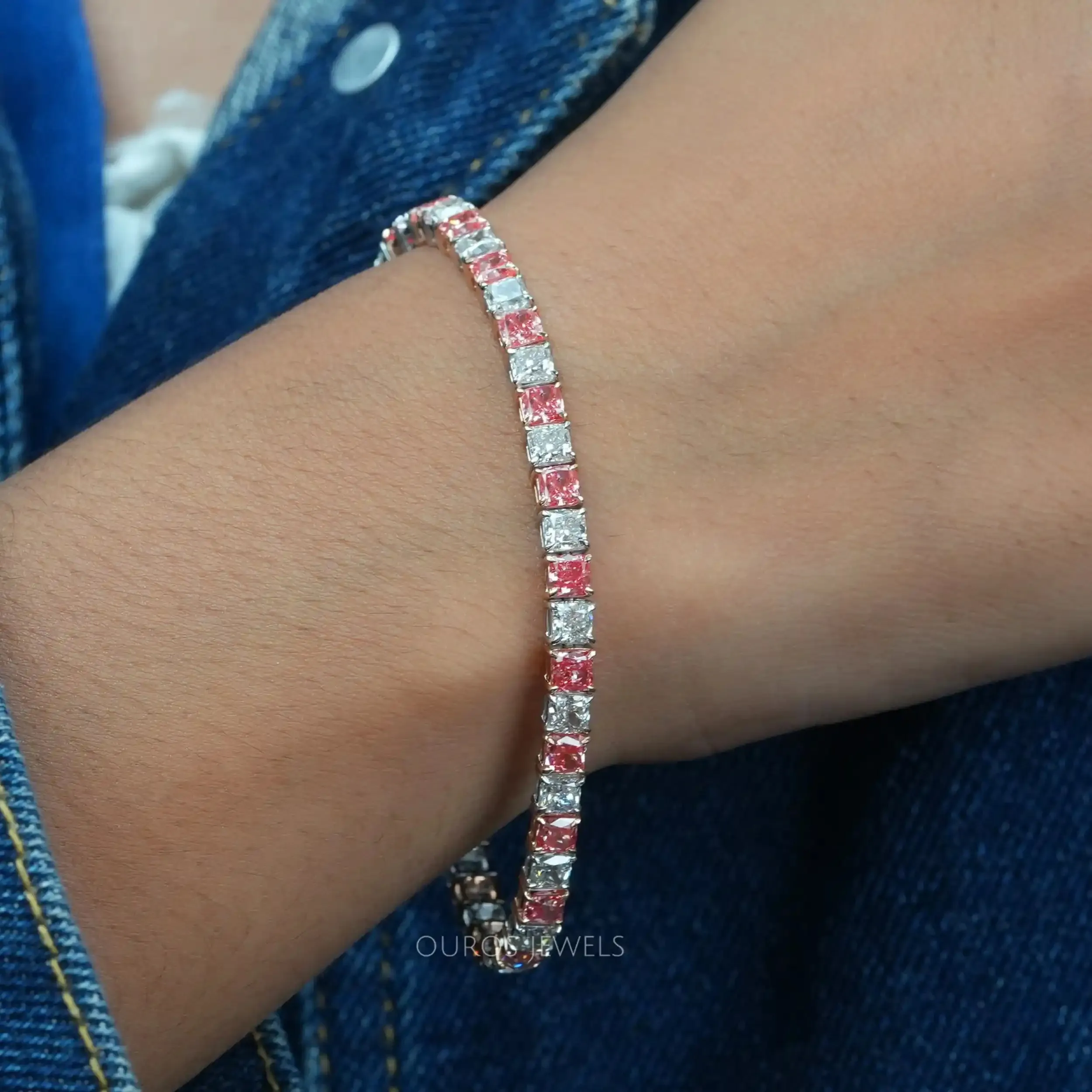 Pink Cushion Cut Lab Grown Diamond Tennis Bracelet