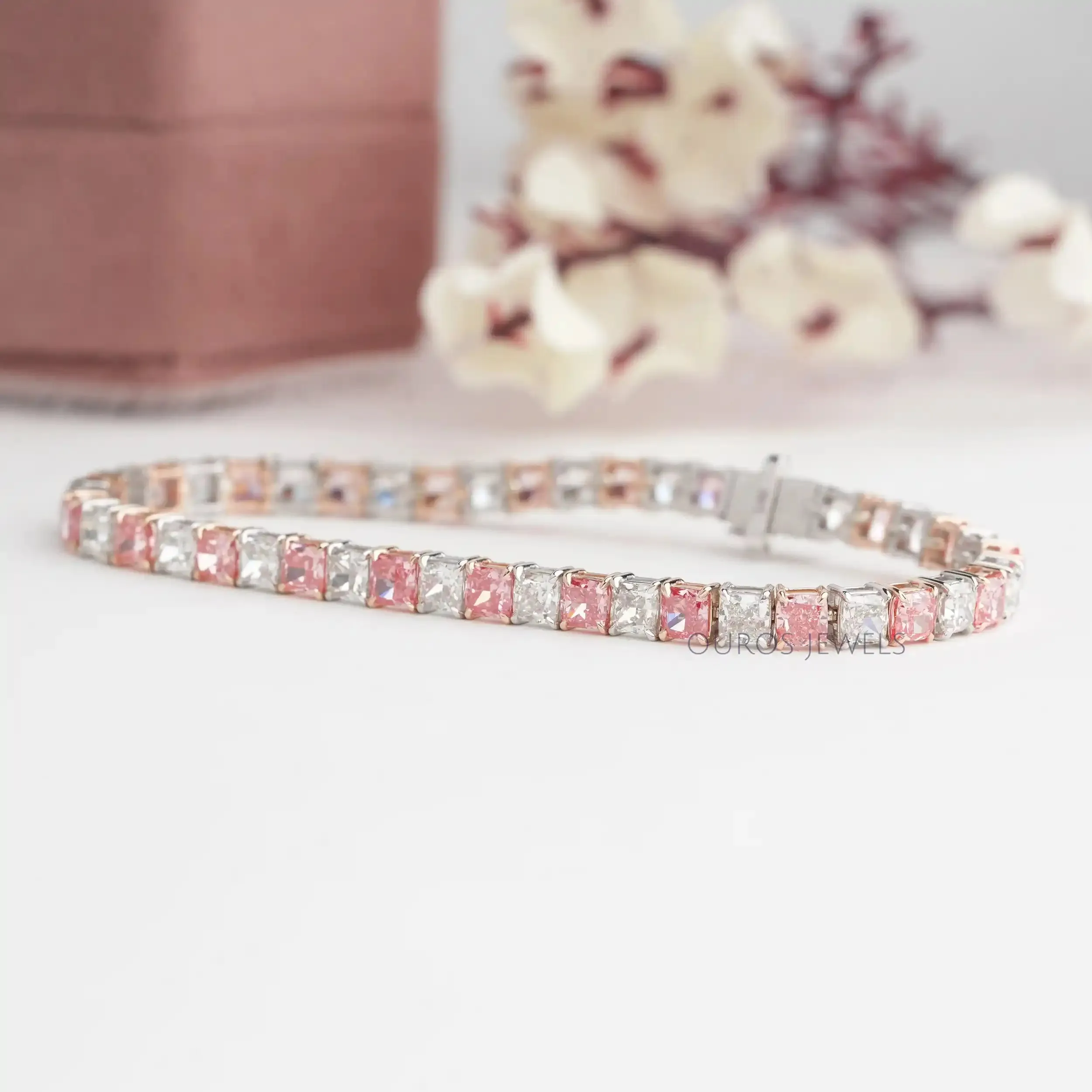 Pink Cushion Cut Lab Grown Diamond Tennis Bracelet