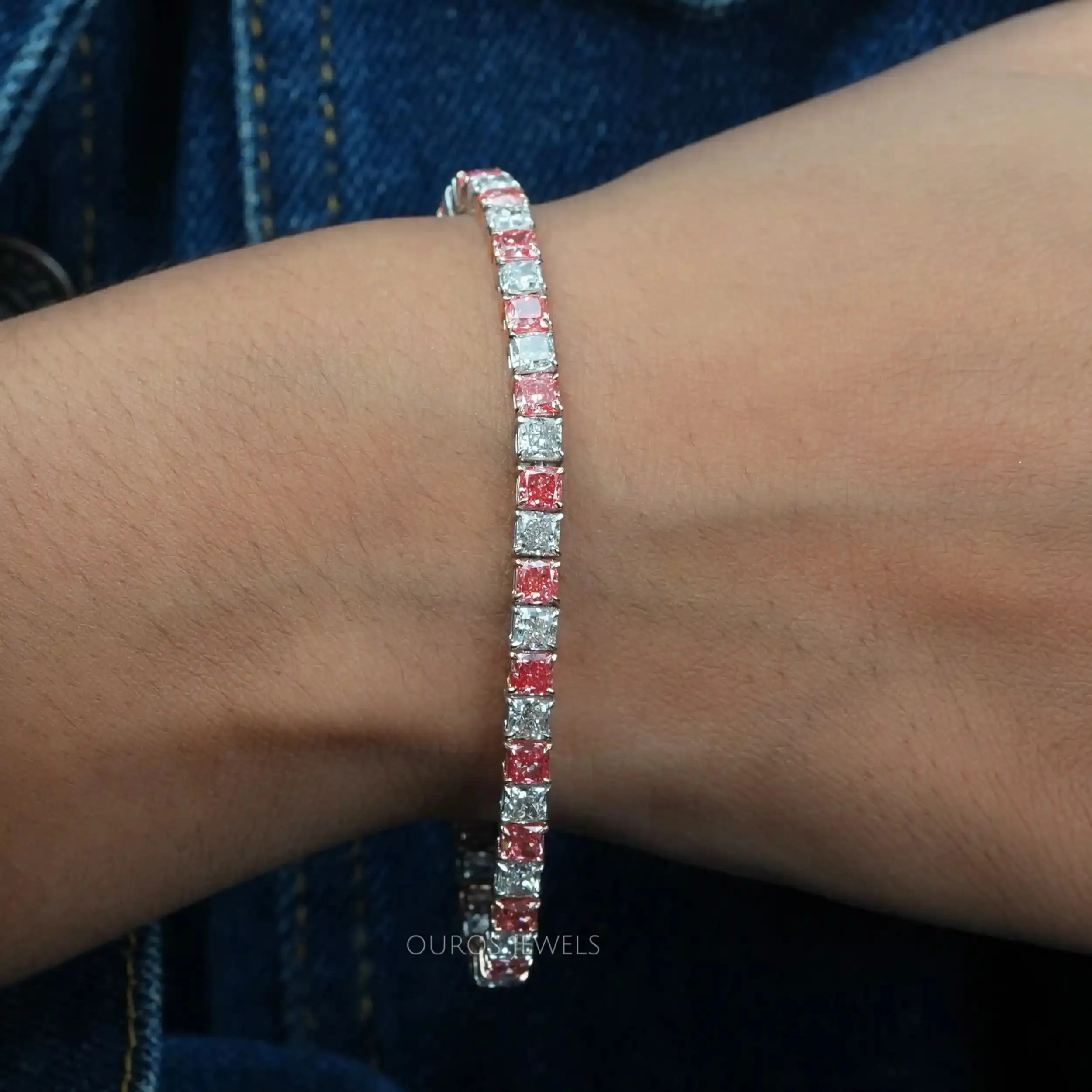 Pink Cushion Cut Lab Grown Diamond Tennis Bracelet