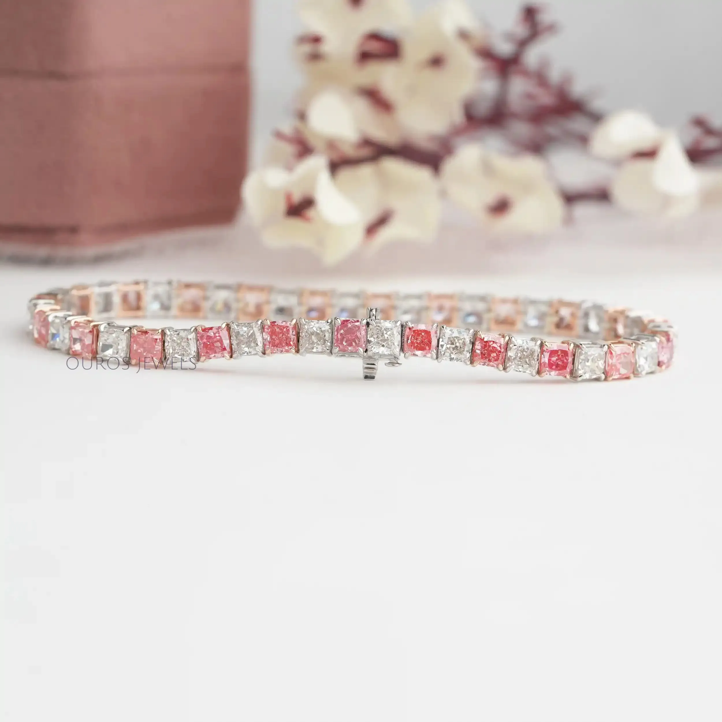 Pink Cushion Cut Lab Grown Diamond Tennis Bracelet