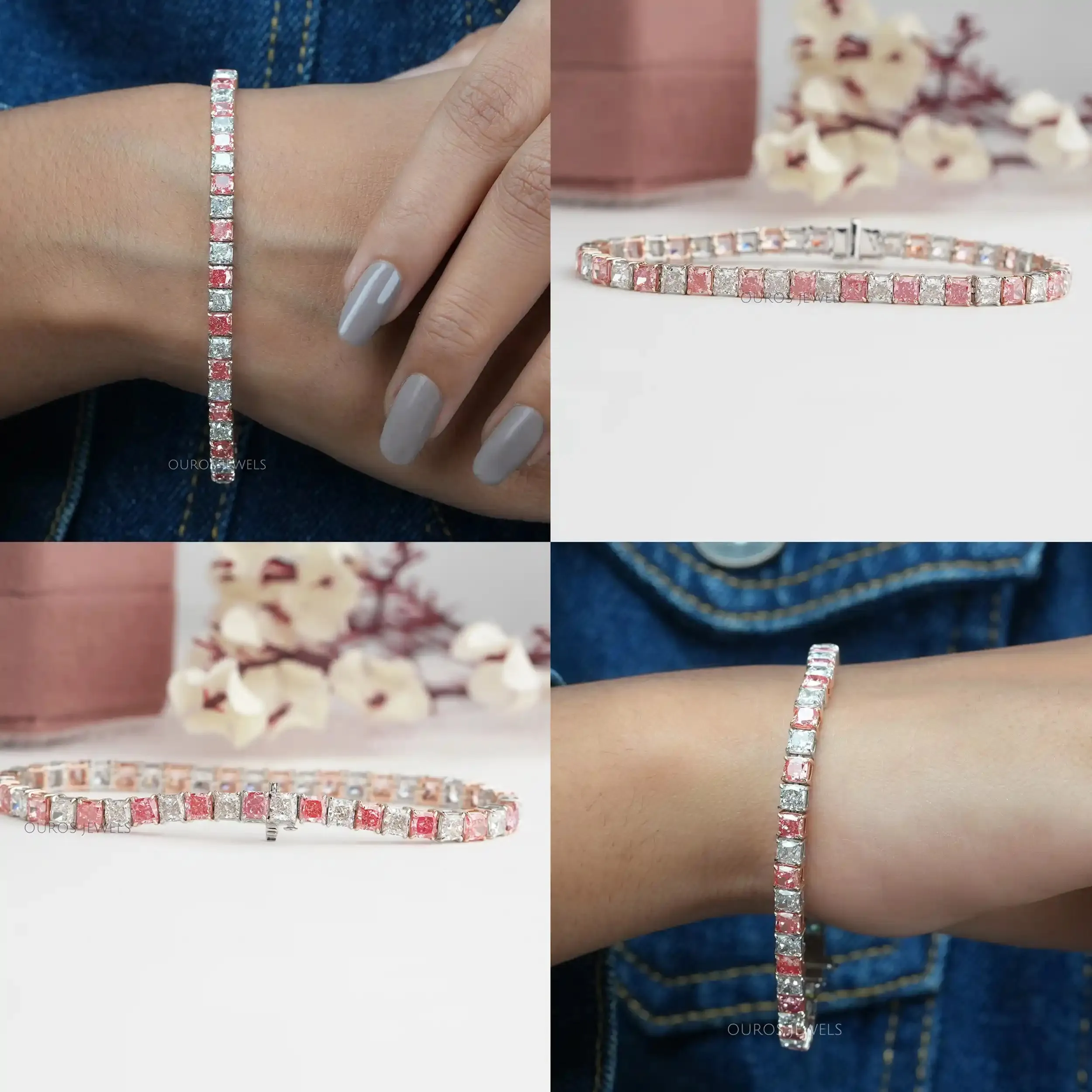 Pink Cushion Cut Lab Grown Diamond Tennis Bracelet