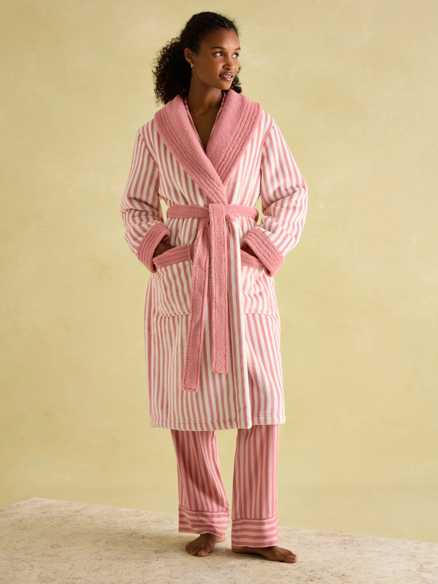 Pink Fleece Lined Striped Dressing Gown