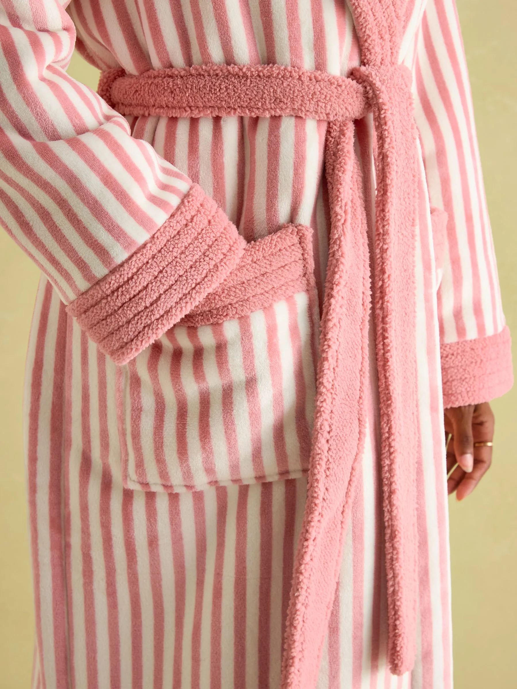 Pink Fleece Lined Striped Dressing Gown