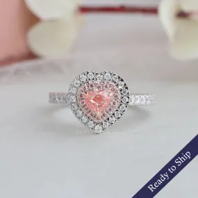 Pink Heart Diamond Double Halo Solitaire Accent Engagement Ring