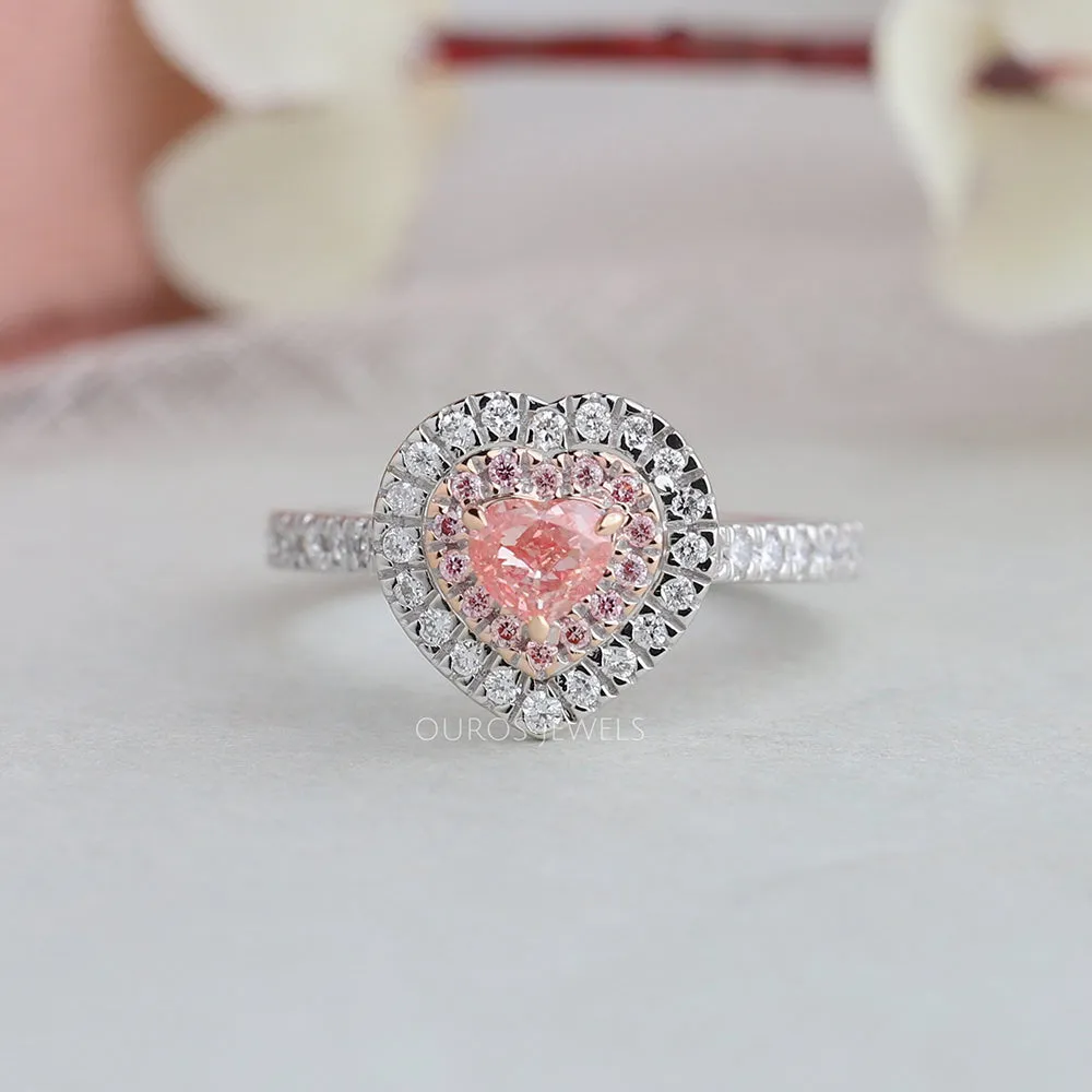 Pink Heart Diamond Double Halo Solitaire Accent Engagement Ring