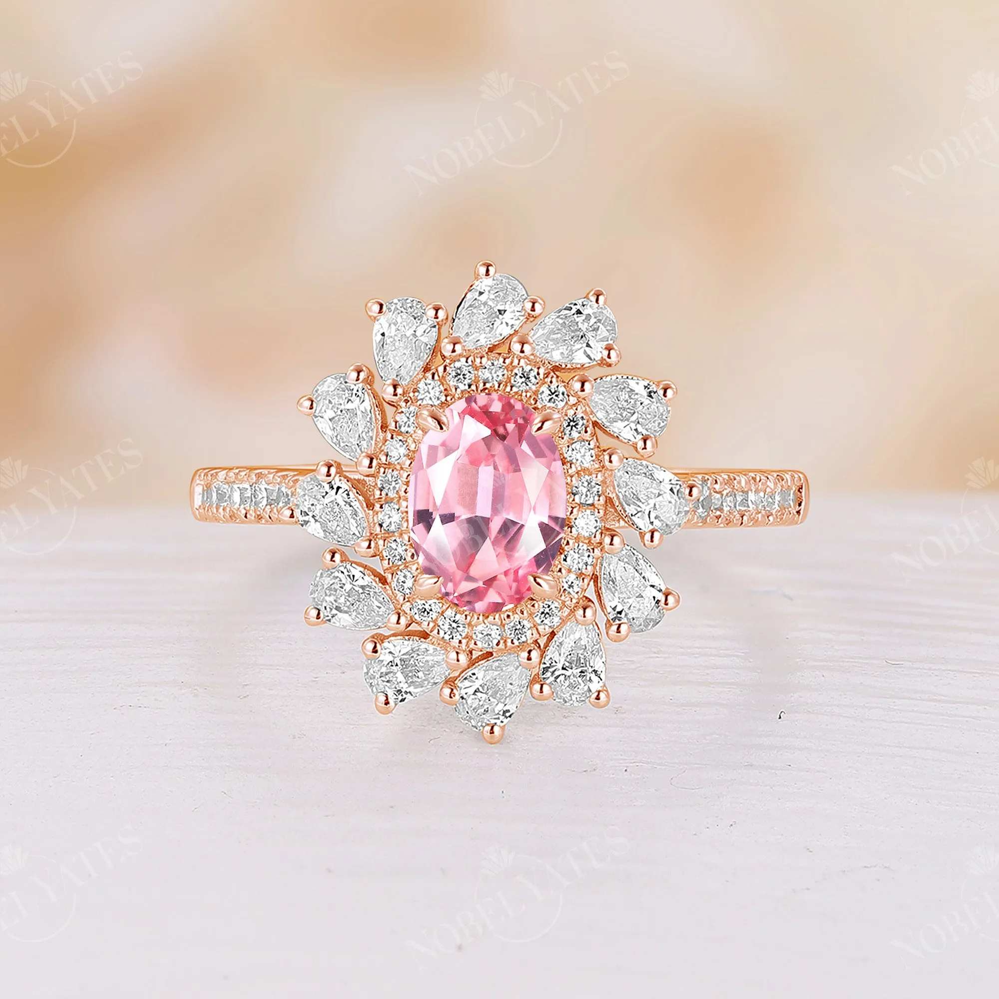 Pink Padparadscha Oval Cut Moissanite Double Halo Engagement Ring