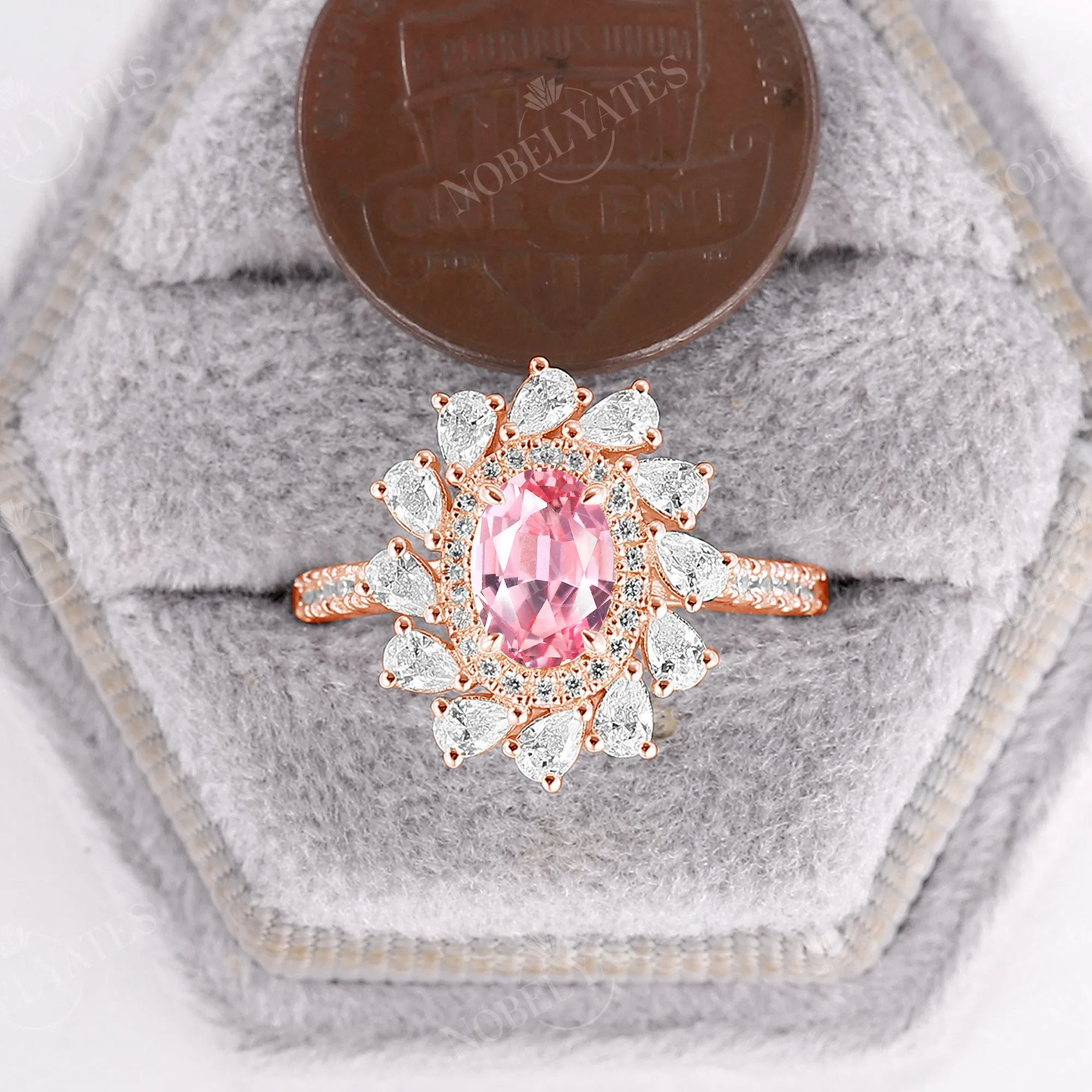 Pink Padparadscha Oval Cut Moissanite Double Halo Engagement Ring