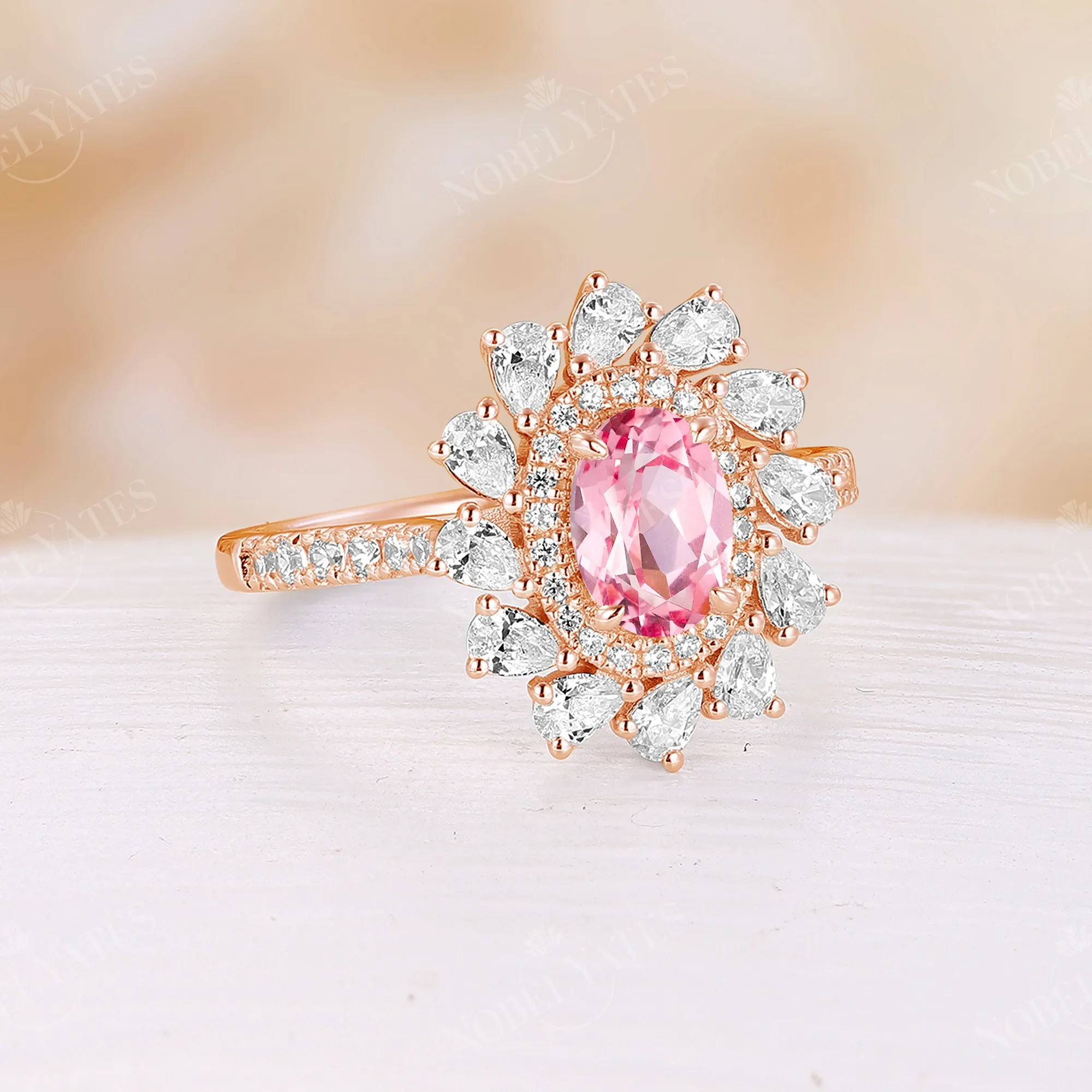 Pink Padparadscha Oval Cut Moissanite Double Halo Engagement Ring