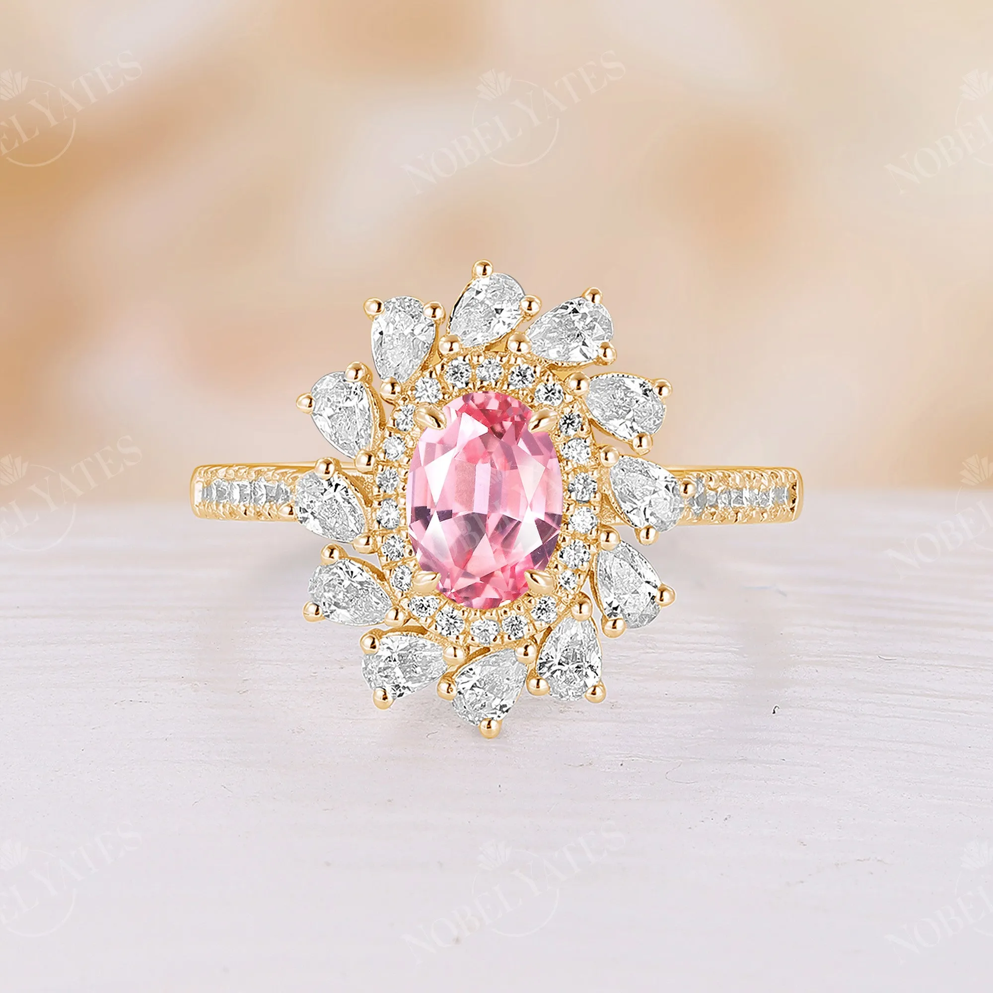 Pink Padparadscha Oval Cut Moissanite Double Halo Engagement Ring