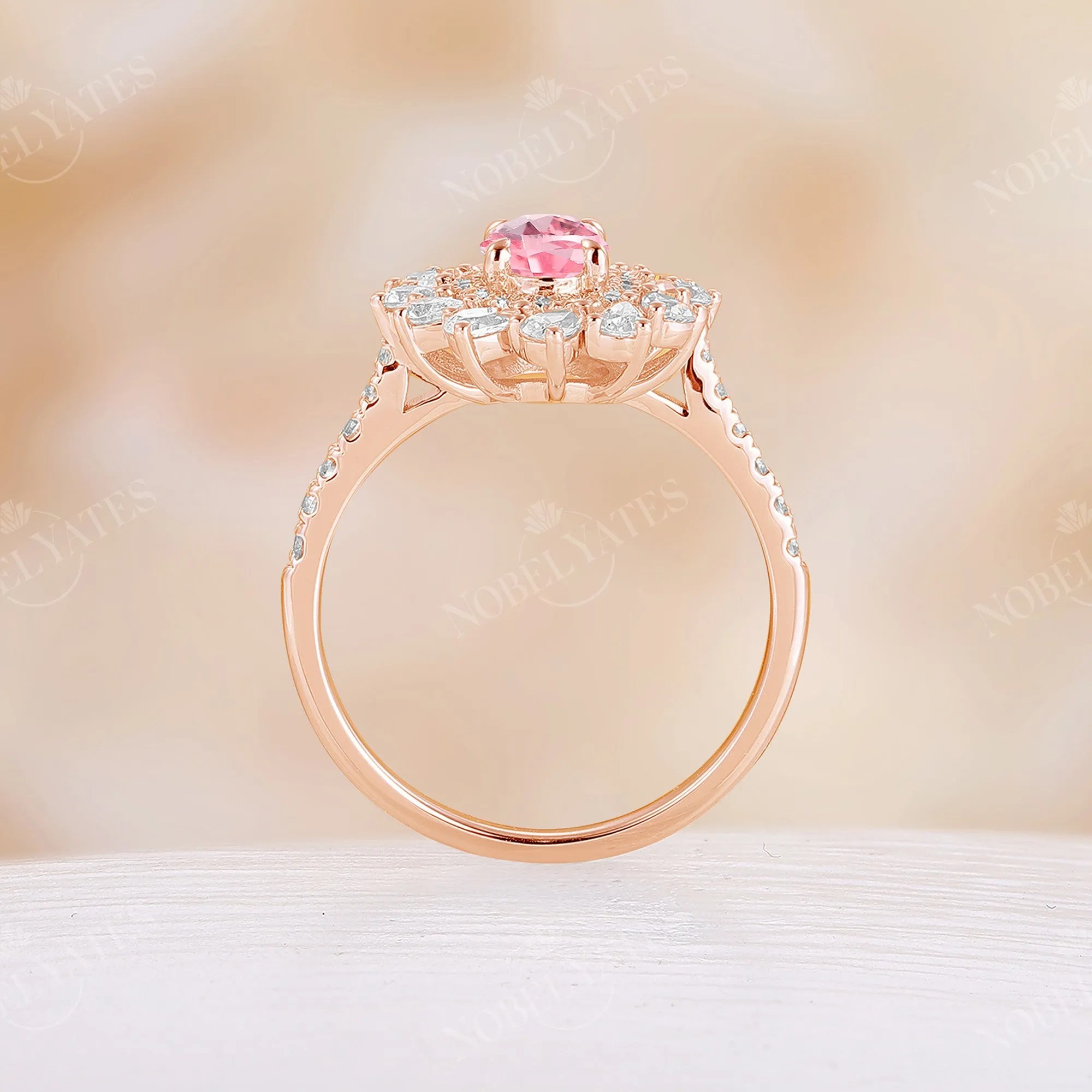 Pink Padparadscha Oval Cut Moissanite Double Halo Engagement Ring