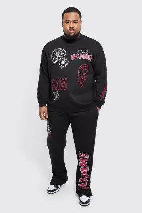 Plus Graffiti Sweatshirt Split Hem Tracksuit | boohooMAN UK