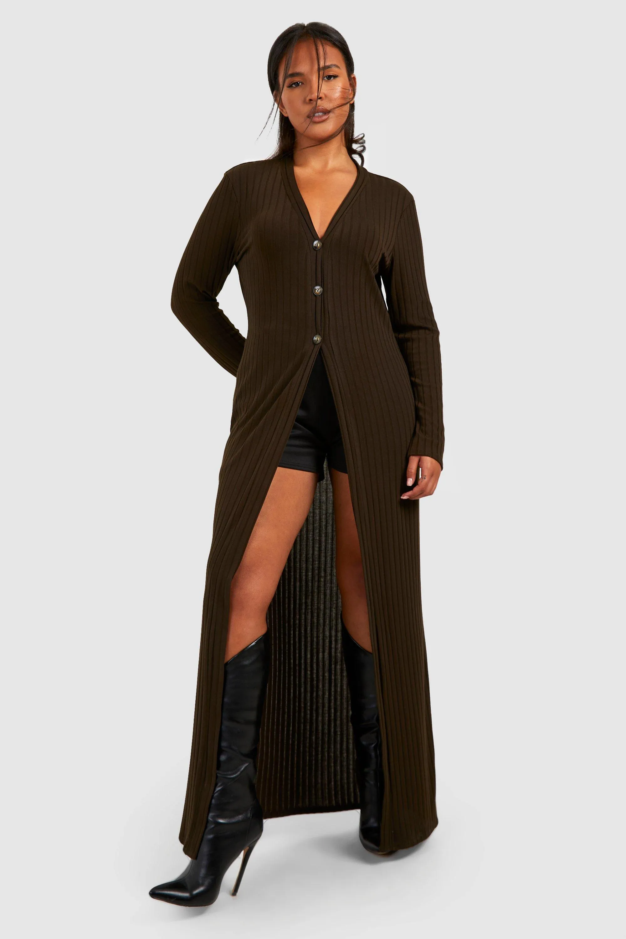 Plus Knitted Rib Button Front Maxi Cardigan