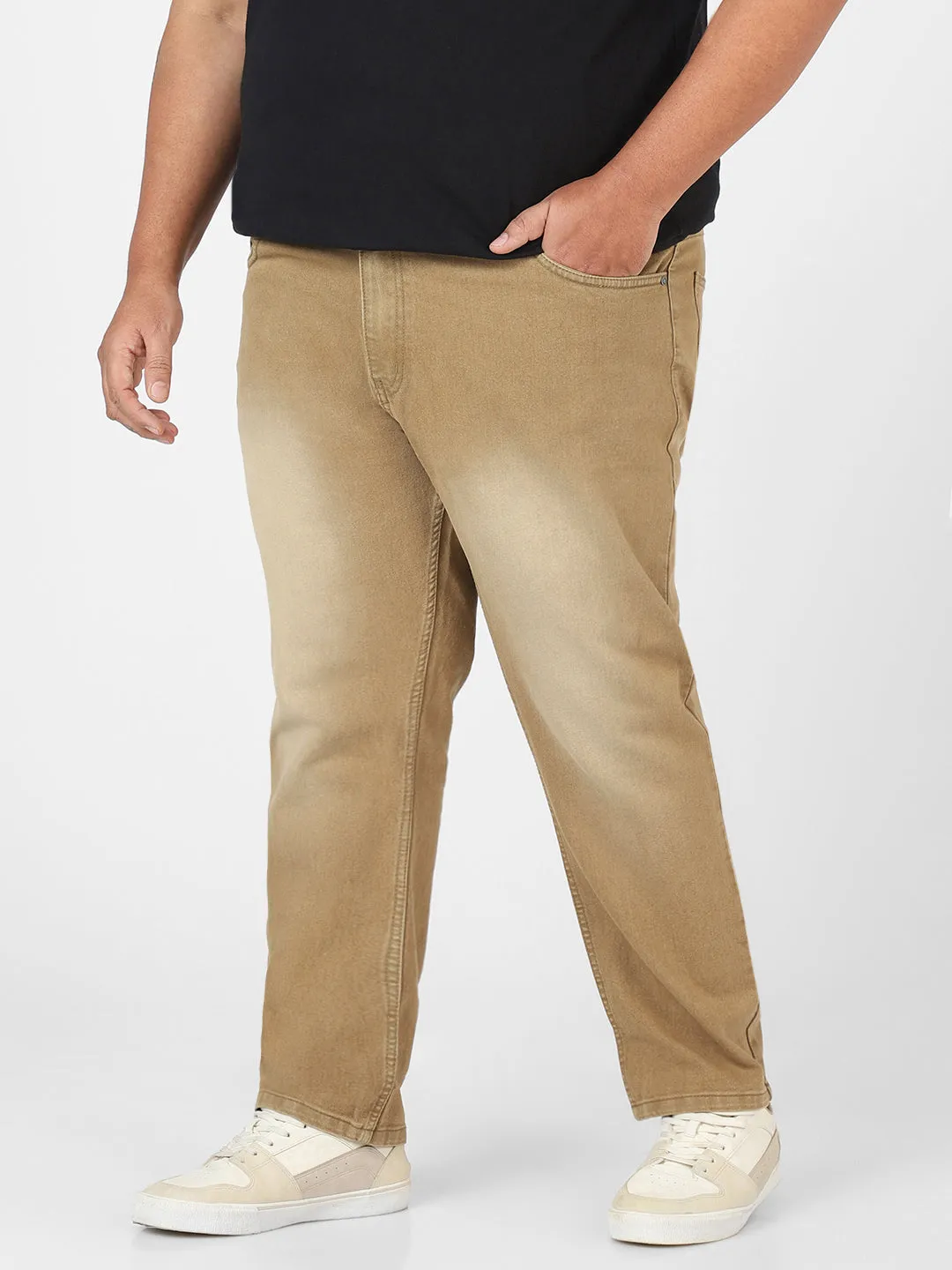 Plus Men's Khaki Regular Fit Washed Jeans Stretchable