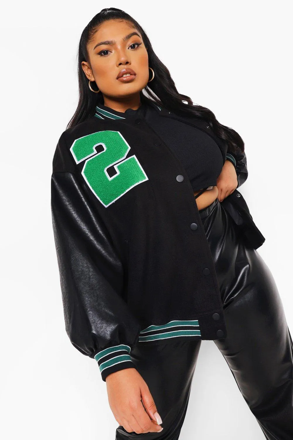 Plus Pu Sleeve Oversized Varsity Jacket