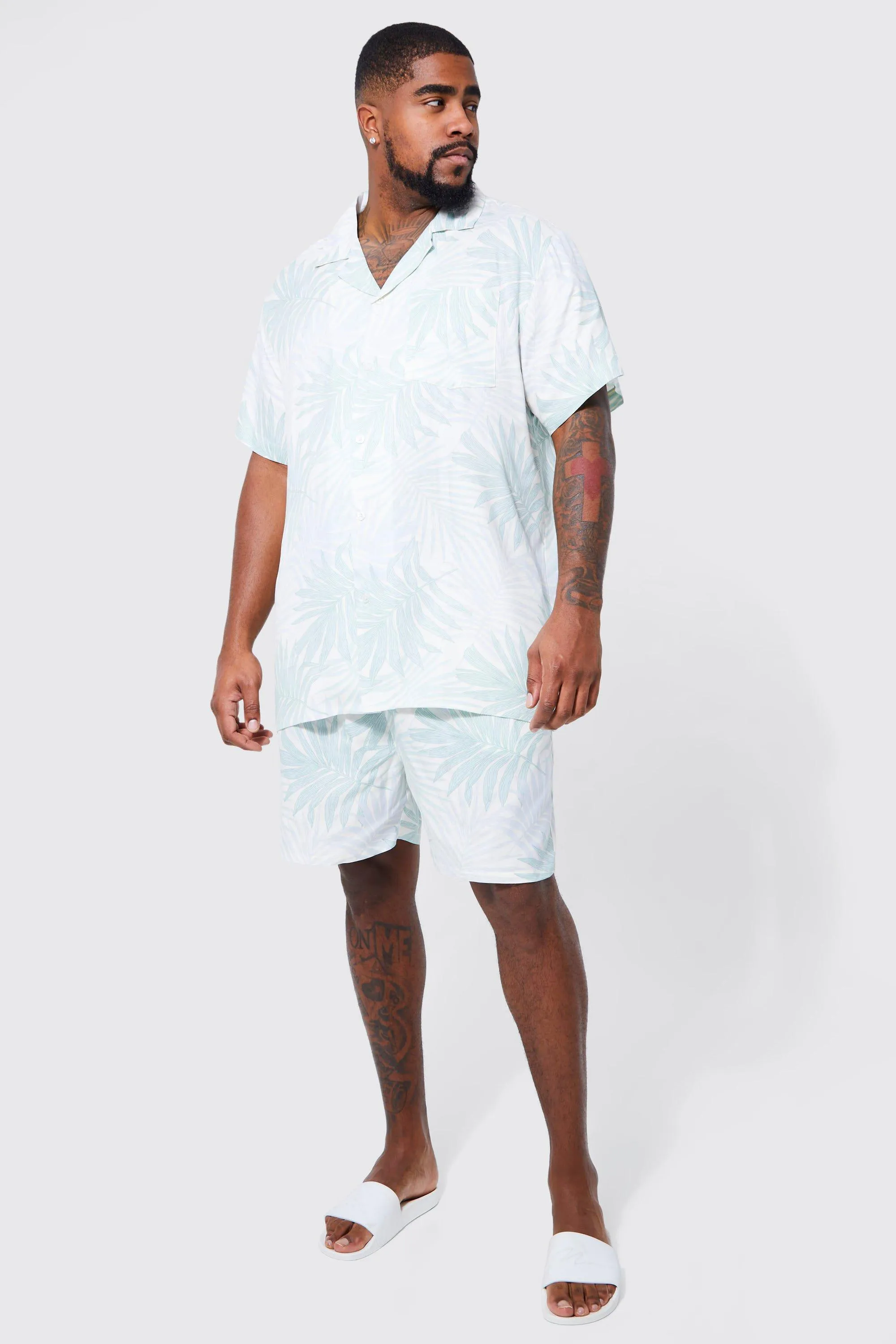 Plus Short Sleeve Palm Shirt And Short Set | boohooMAN UK