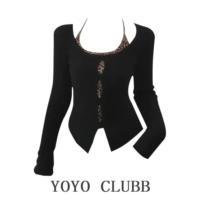 Plus size fat mm pure lust style long-sleeved knitted cardigan autumn 2024 new leopard print halter neck stacked fake two-piece 