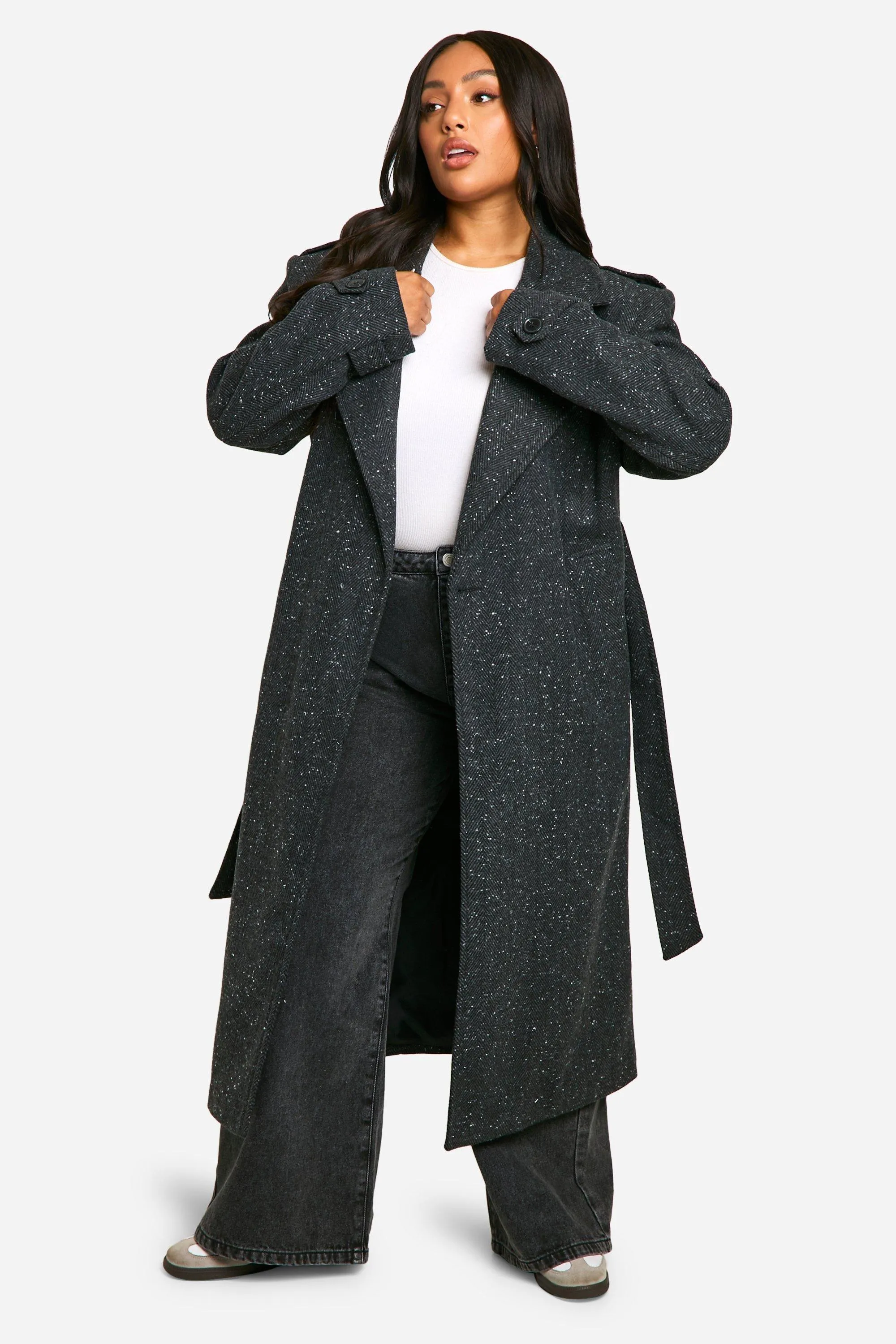 Plus Textured Wool Look Trench Coat