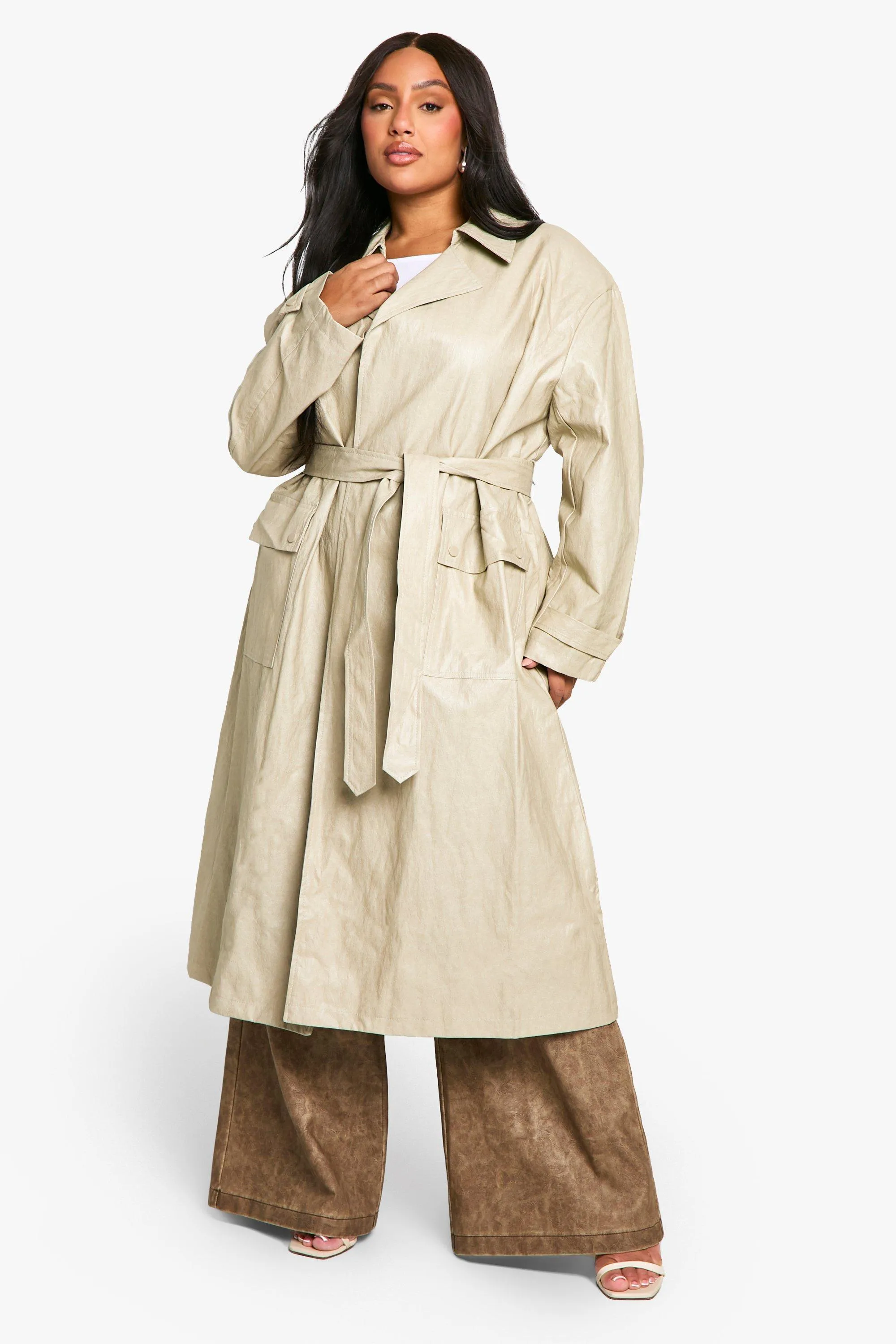 Plus Vintage Look Faux Leather Trench Coat