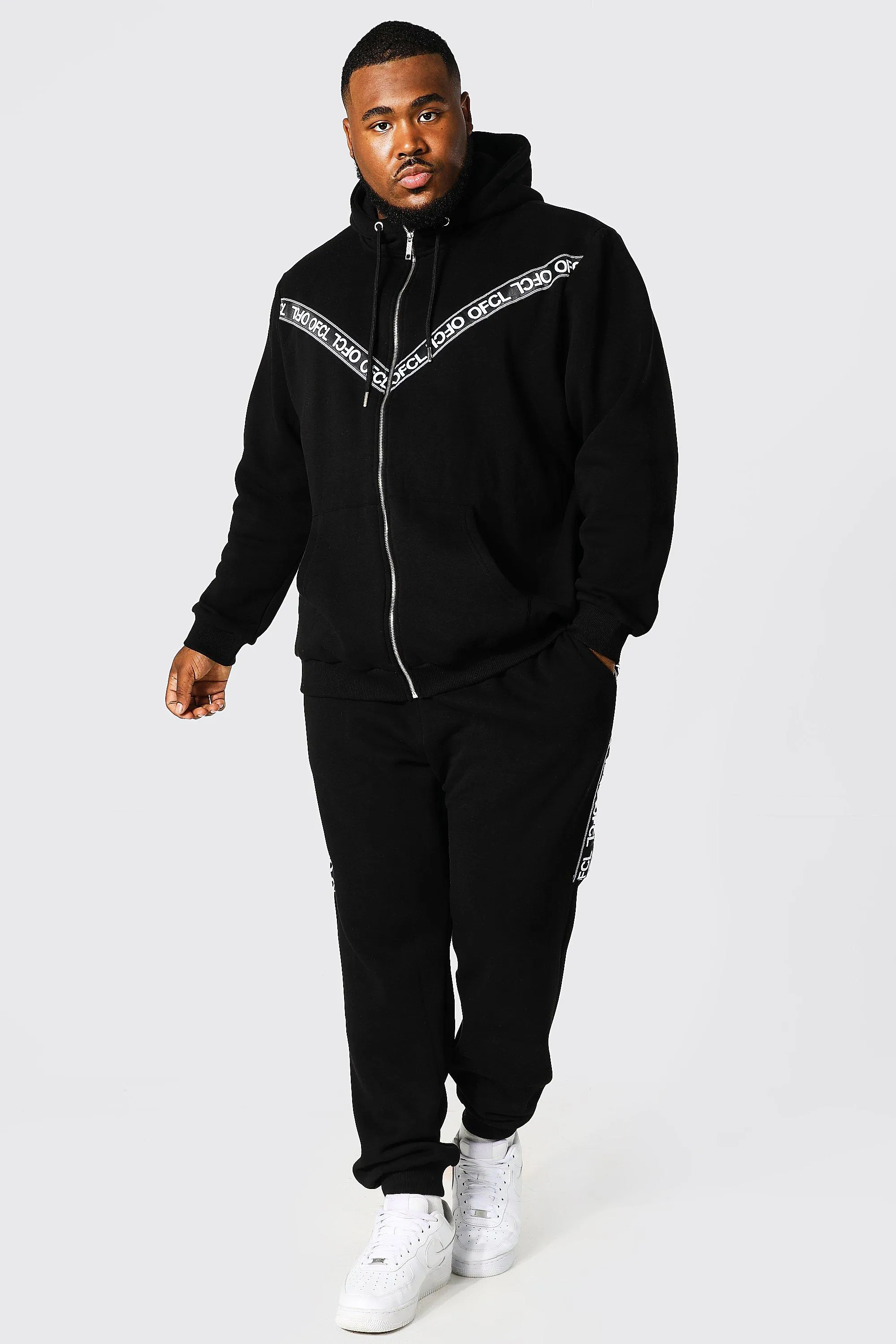Plus Zip Through Ofcl Tape Hooded Tracksuit | boohooMAN UK