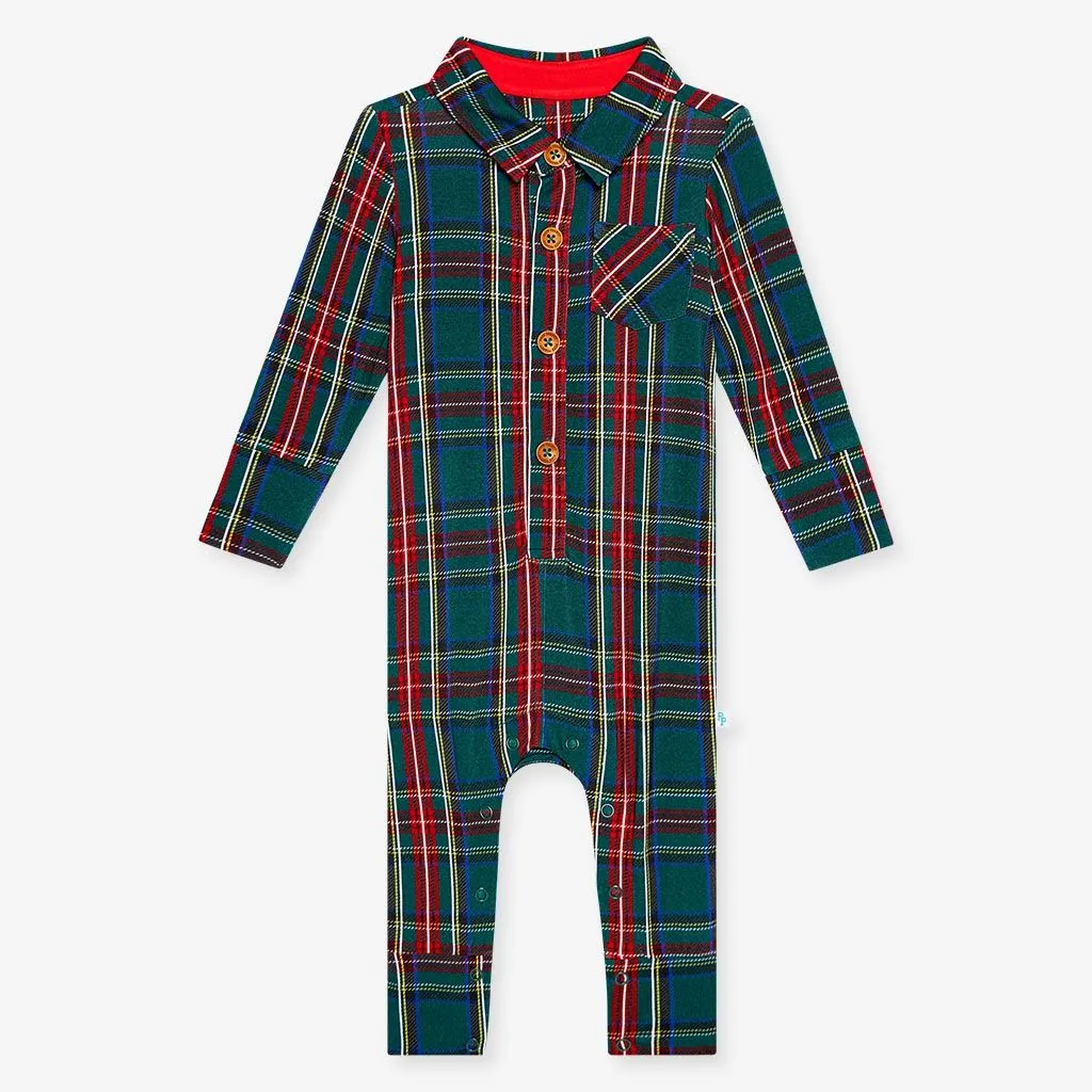 Posh Peanut Long Sleeve Collared Henley Long Romper - Tartan Plaid (Final Sale)