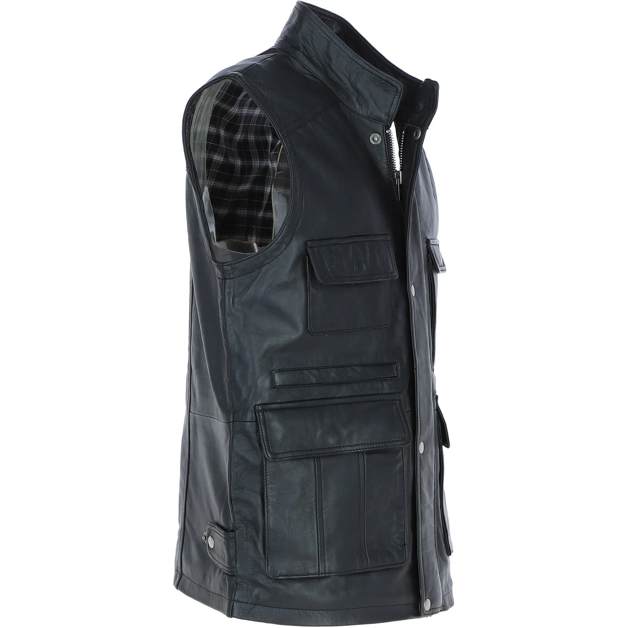 Premium Men's Black Leather Utility Vest with Multiple Pockets: friends