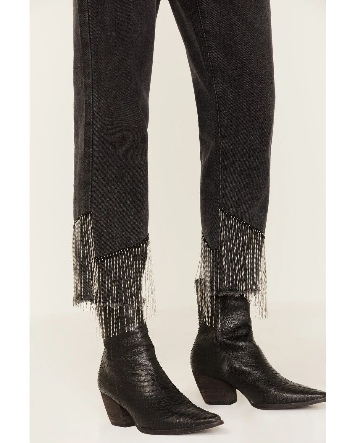Product Name:  Rock & Roll Denim Women's Dark Wash High Rise Fringe Cropped Straight Jeans