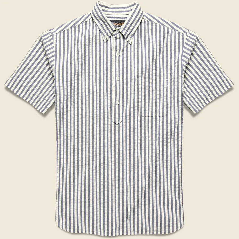 Pullover Short Sleeve Seersucker Shirt - Indigo Stripe